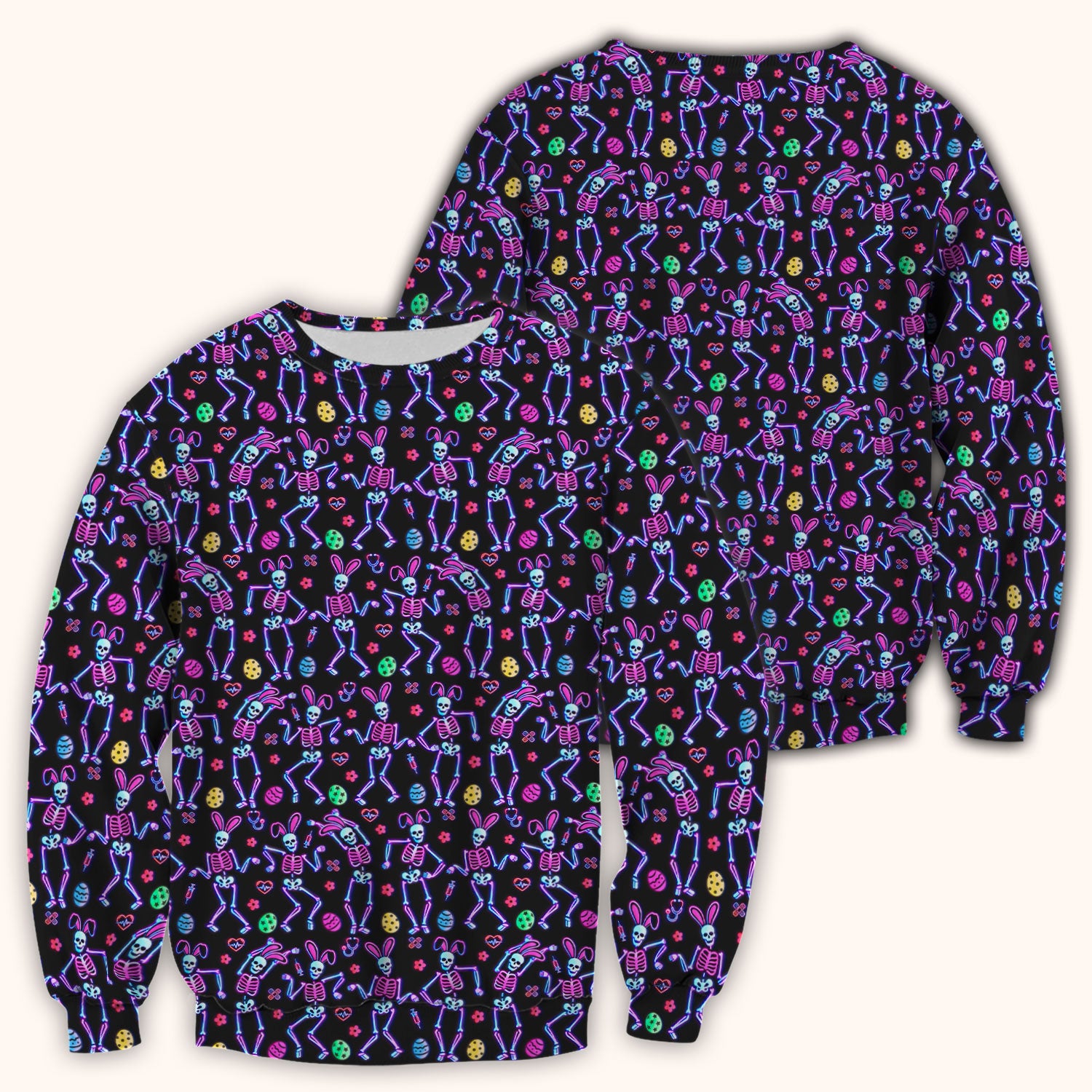 Neon Easter Skeleton Pattern Scrub Top, Comfortable Scrubs for Nurses