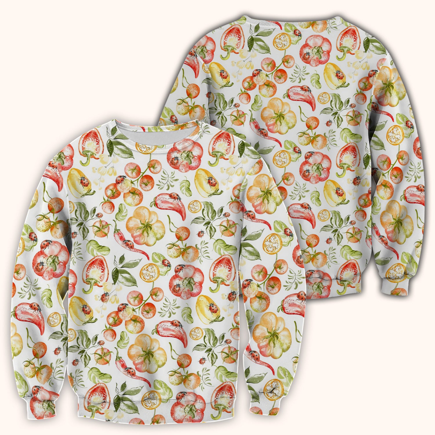 Cute Watercolor Veggie Ladybug Pattern Scrub Top, Comfortable Scrubs for Nurses