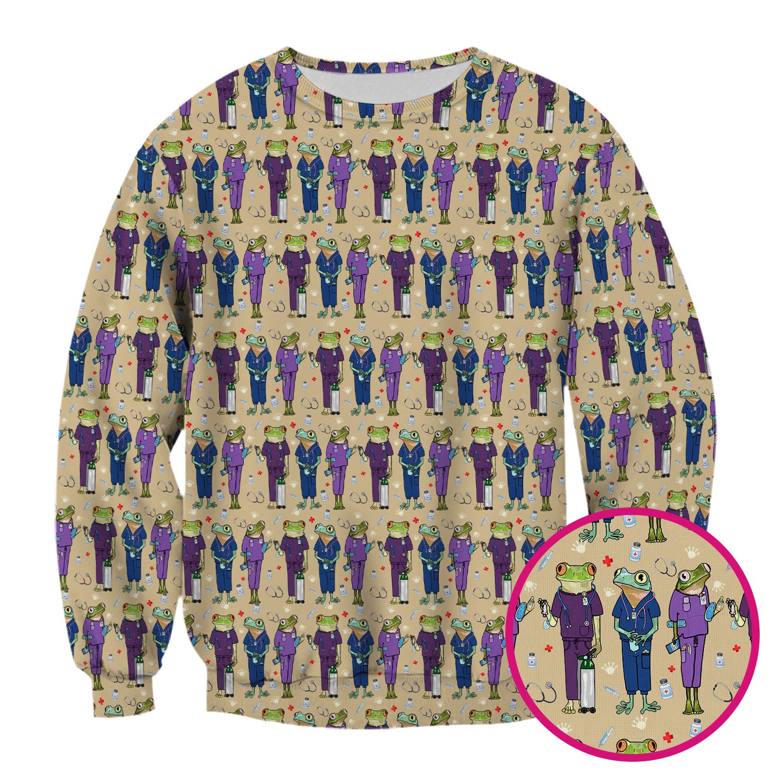 Funny Frog Nurse Pattern Scrub Top, Breathable Healthcare Uniform Top