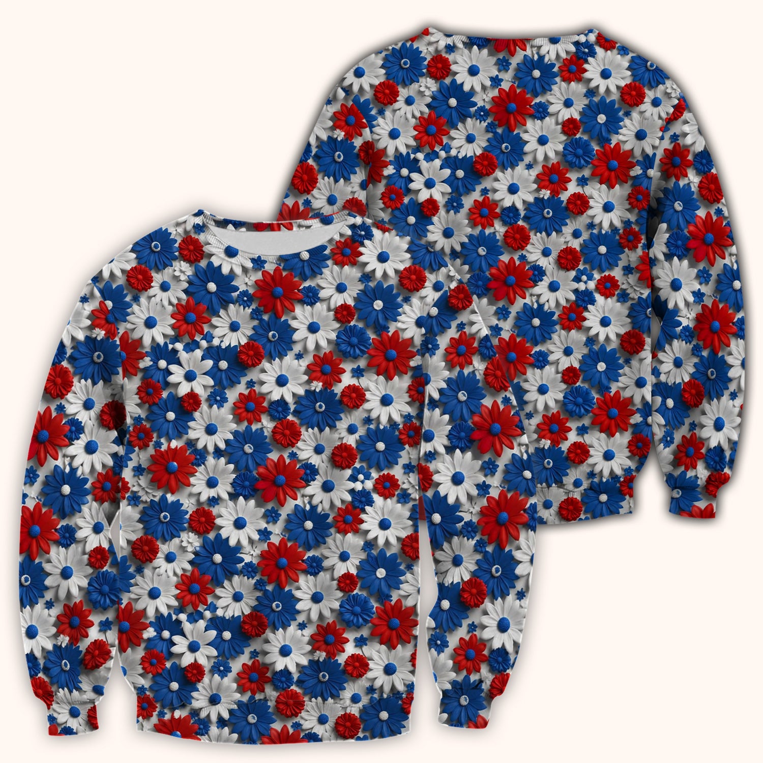 Patriotic Red Blue Daisy Floral Pattern Scrub Top, Comfortable Scrubs for Nurses