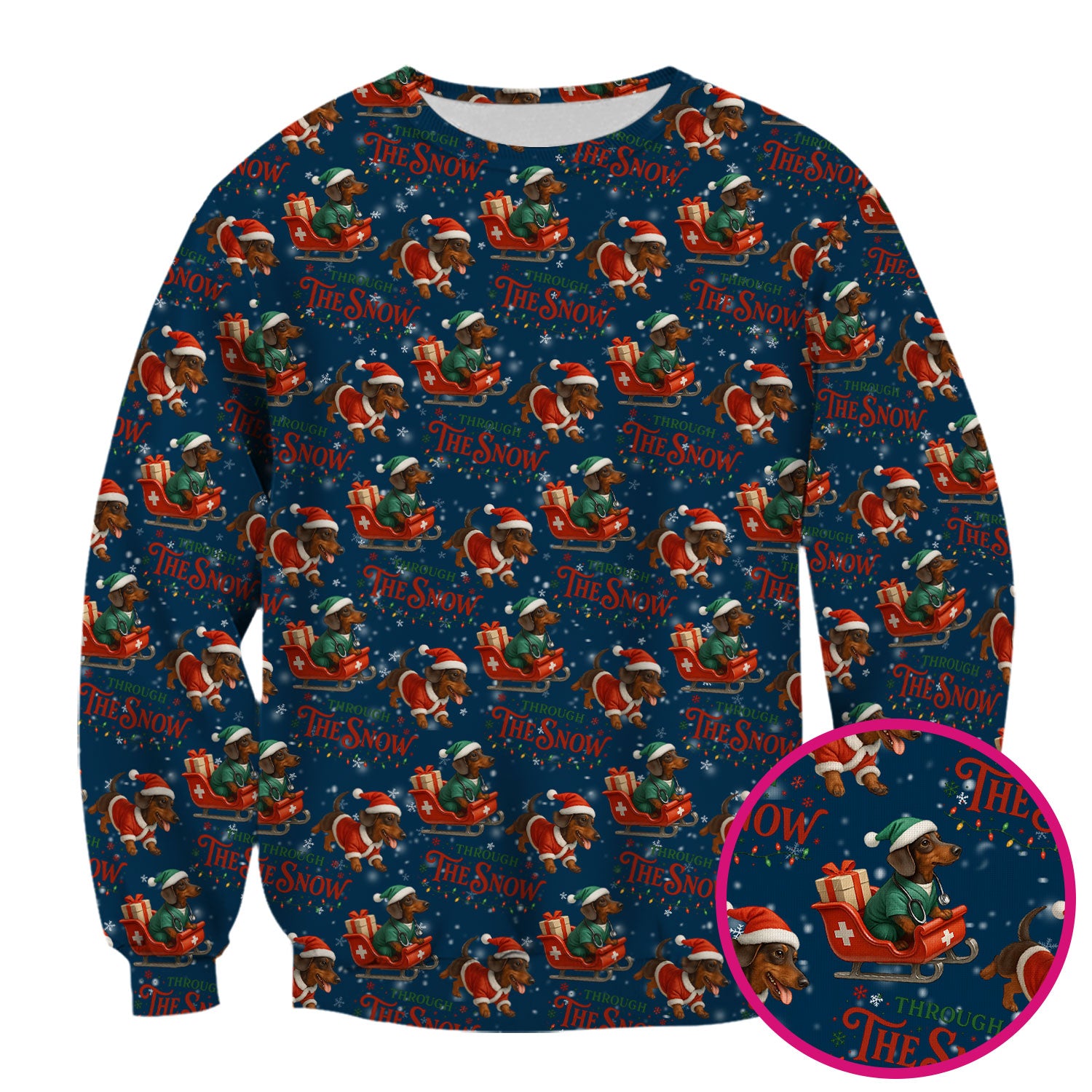 Dachshund Christmas Scrub Top, Cute Dog Nurse Scrub Shirt, Through The Snow Pattern Nursing Uniform