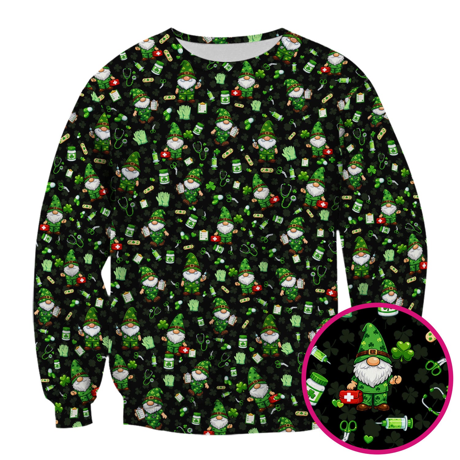 St. Patrick’s Day Nurse Gnome Scrub Top, Green Lucky Medical Pattern Nurse Shirt, Breathable Fabrics Nursing Uniform