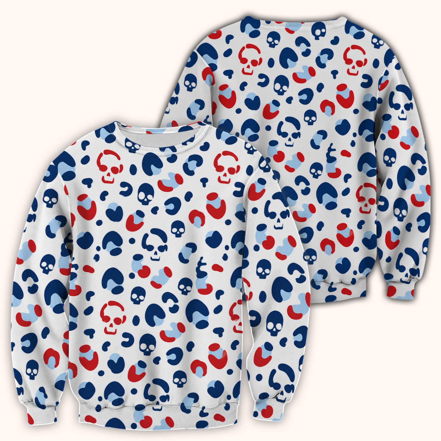 Red Blue Skull Leopard Pattern Scrub Top, Comfortable Scrubs for Nurses