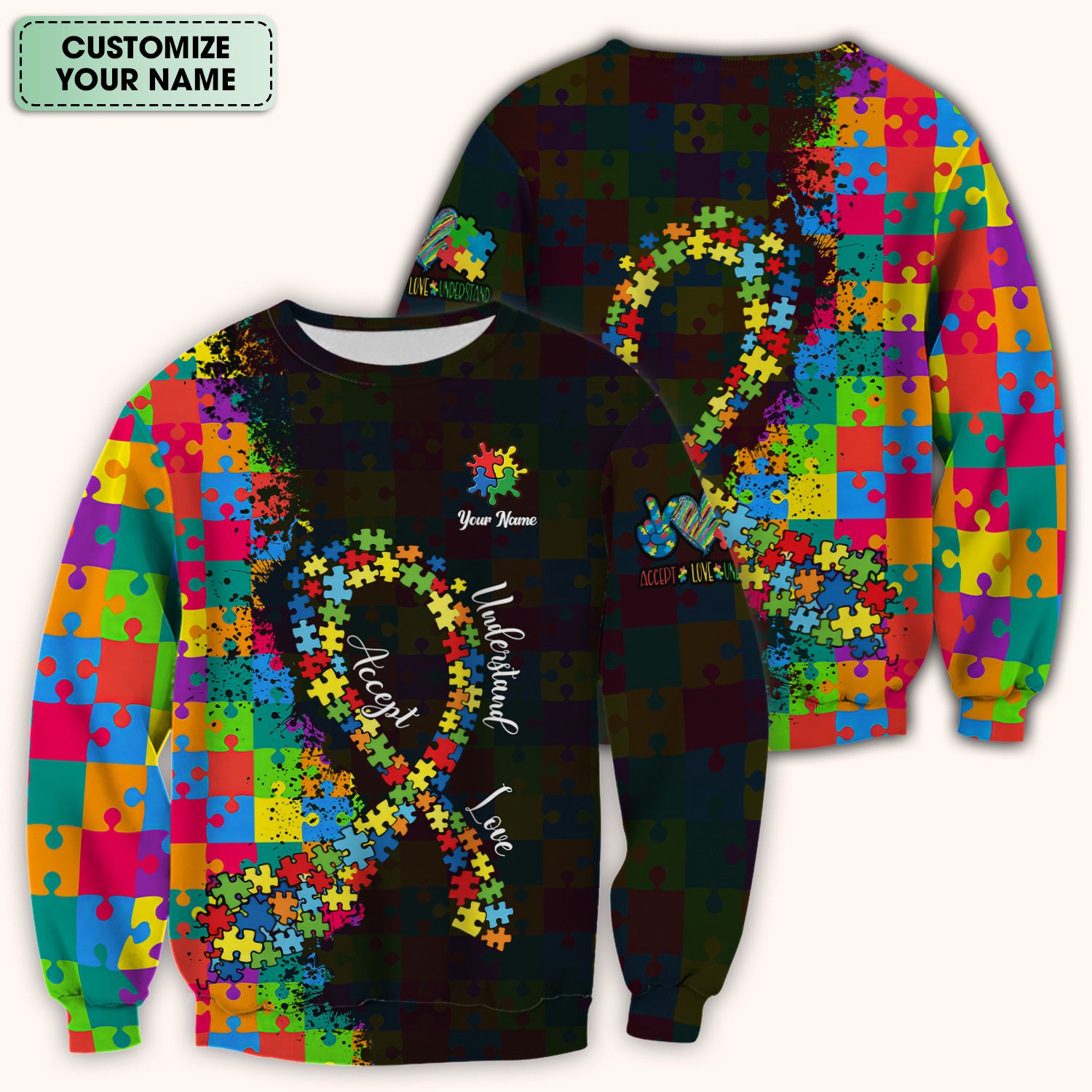 Personalized Autism Puzzle Ribbon Colorful Print Scrub Top, Comfortable Scrubs for Nurses