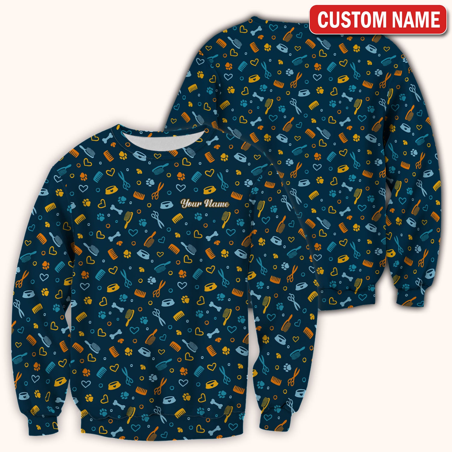Custom Name Dog Cat Grooming Pattern Scrub Top, Breathable Fabrics Nursing Uniform