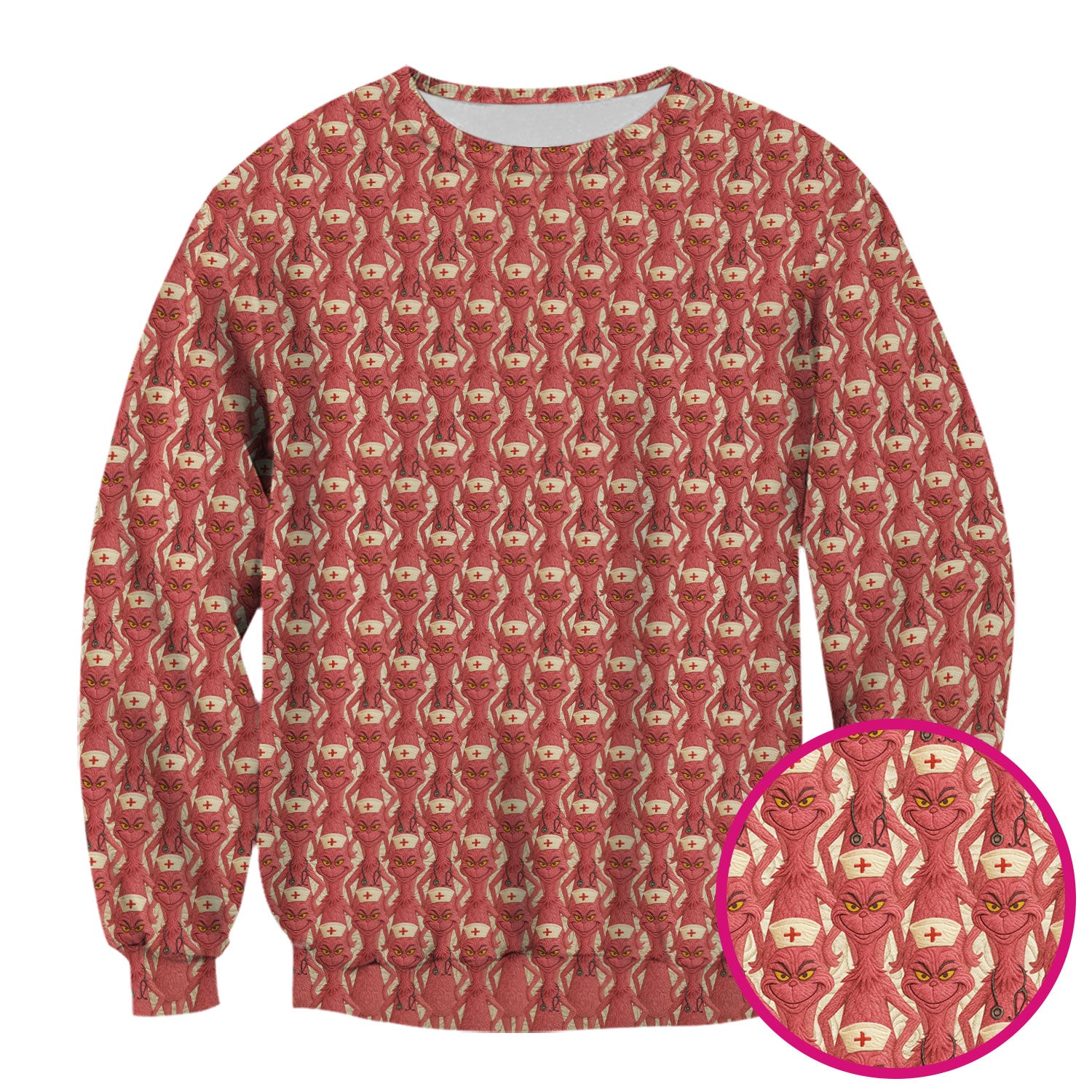 Funny Red Grinch Nurse Scrub Top - Cartoon Grinch Pattern Scrub Shirt Multi Color - Cute Christmas Holiday Nursing Workwear