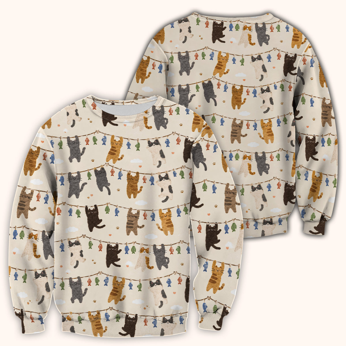 Cute Hanging Cat Fishline Pattern Scrub Top, Comfortable Scrubs for Nurses