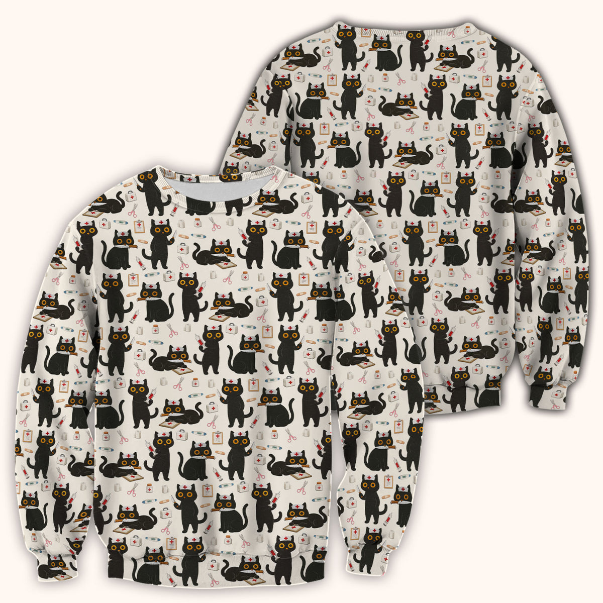 Cute Black Cat Nurse Pattern Scrub Top, Comfortable Scrubs for Nurses