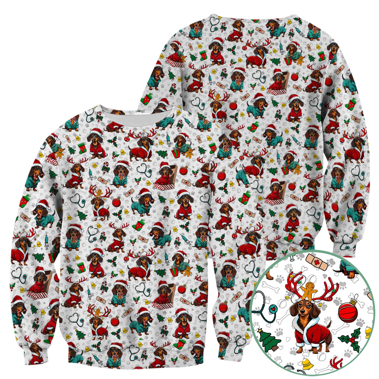 Christmas Dachshund Scrubs for Nurses - Cute Sausage Dog Holiday Scrub Top - Funny Reindeer & Santa Medical Shirt for Women