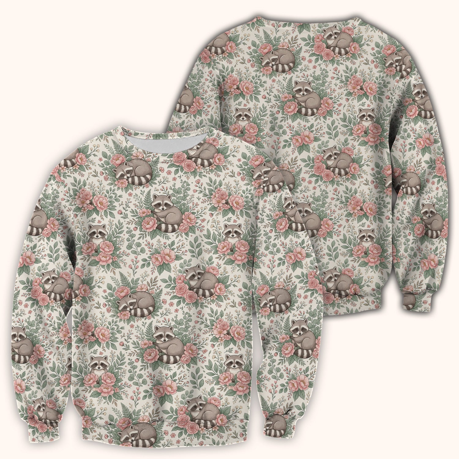 Sleeping Raccoon Rose Garden Pattern Scrub Top, Breathable Fabrics Nursing Uniform