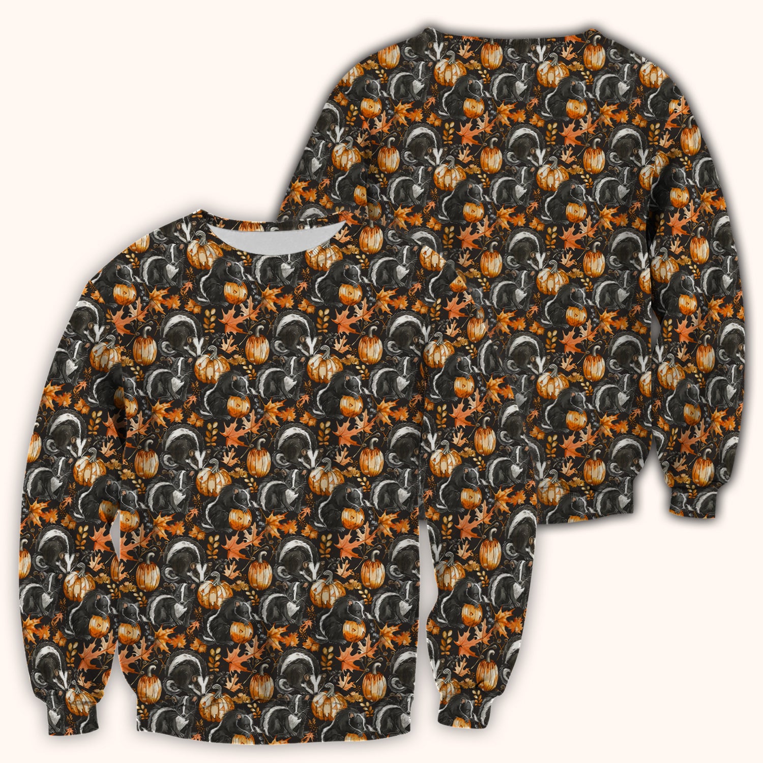 Skunk Pumpkin with Autumn Leaves Pattern Scrub Top, Comfortable Scrubs for Nurses