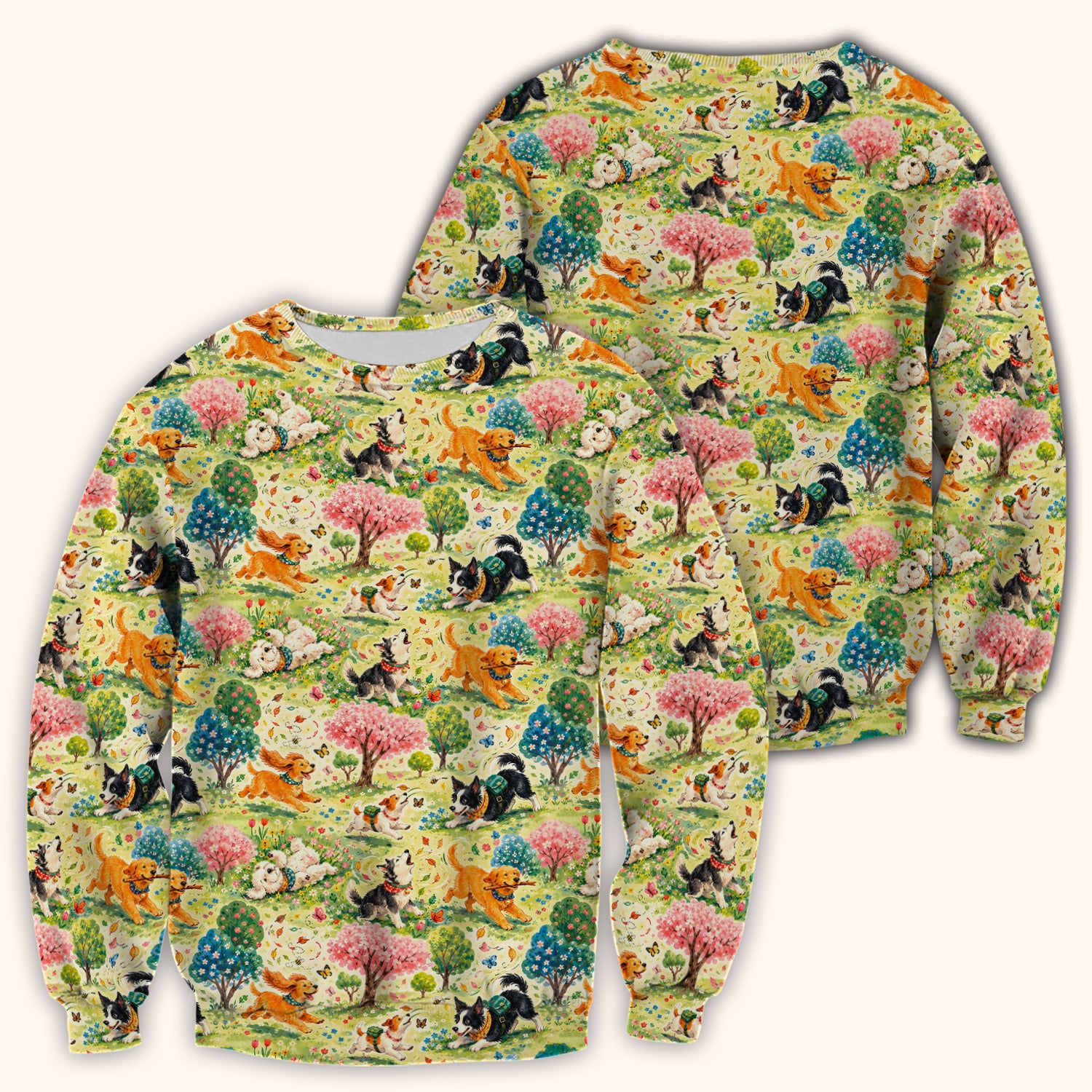 Playful Spring Garden Dogs Pattern Scrub Top, Comfortable Scrubs for Nurses