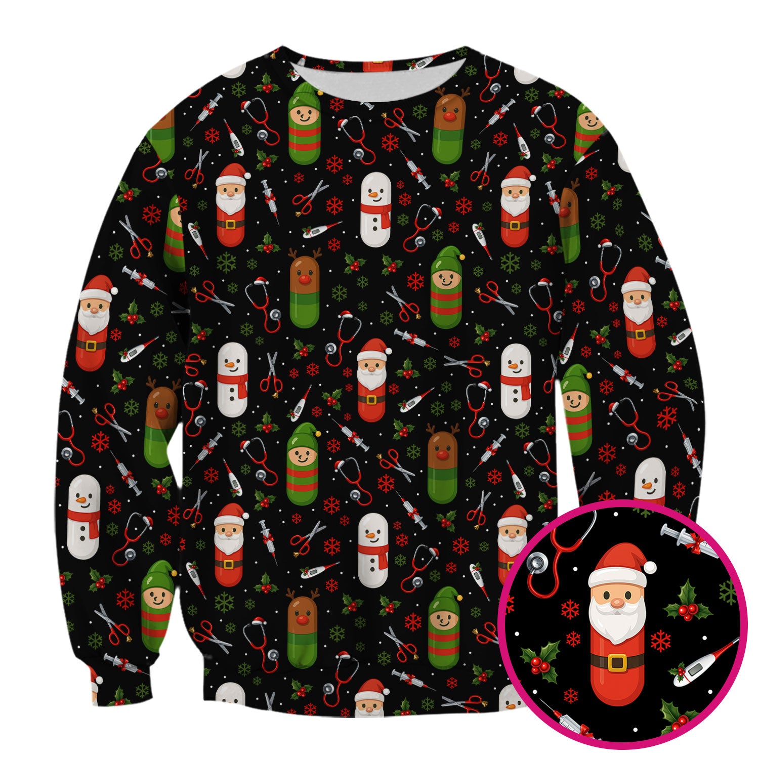 Christmas Scrub Top for Nurses – Cute Santa and Medical Tools Pattern – Holiday Nurse Scrubs with Snowman and Reindeer Design