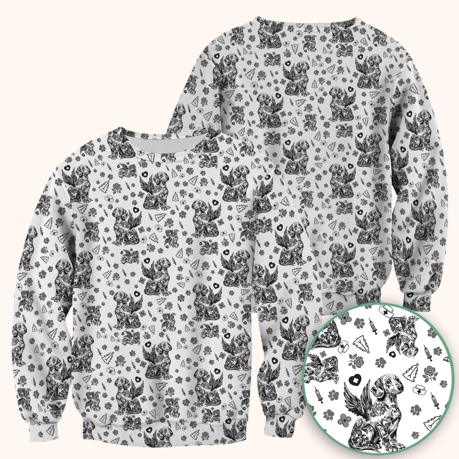 Toile de Jouy Dachshund Angel Scrub Top - Blue Vintage Dog Nurse Shirt - Memorial Christmas Gift