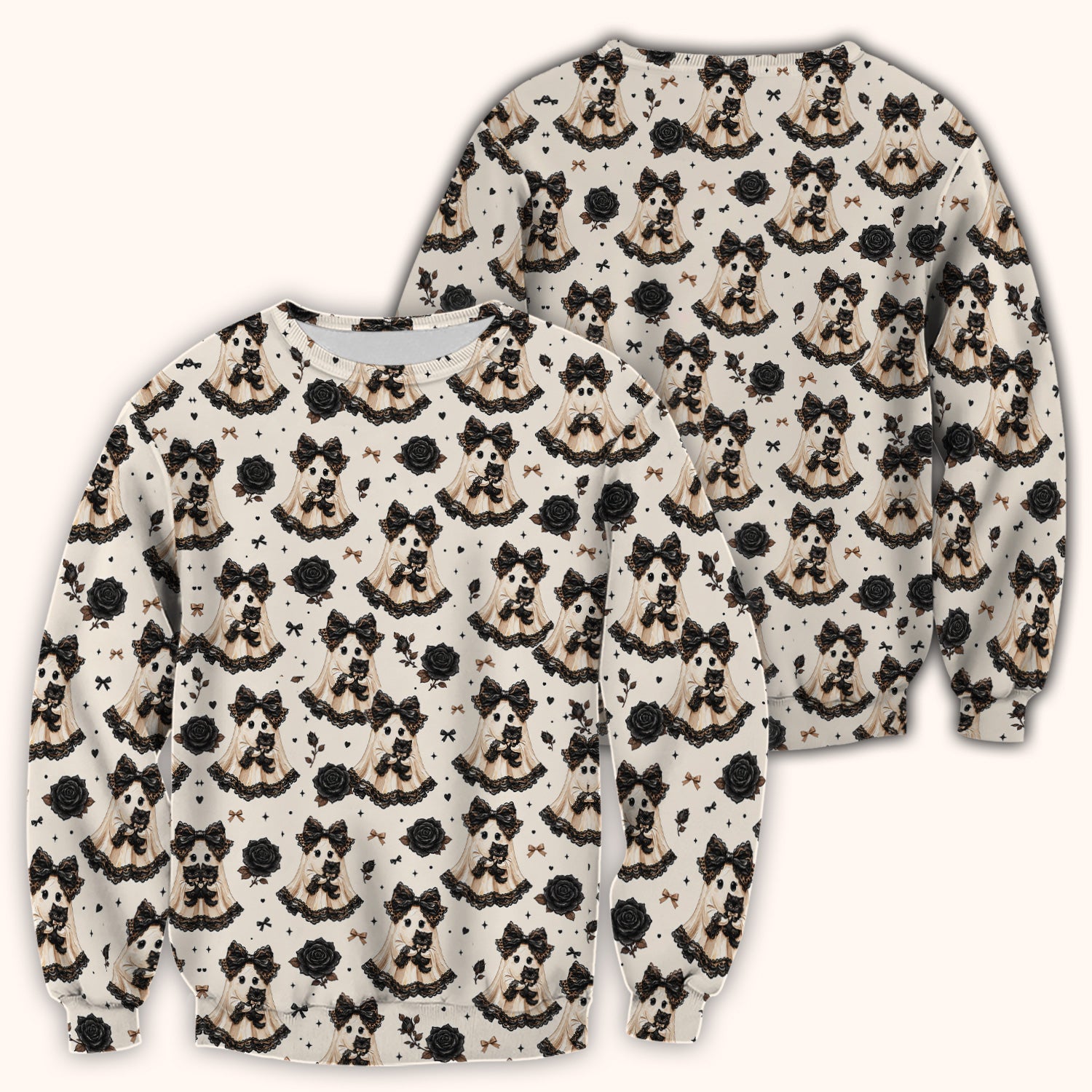 Halloween Ghost Black Cat Pattern Scrub Top, Comfortable Scrubs for Nurses