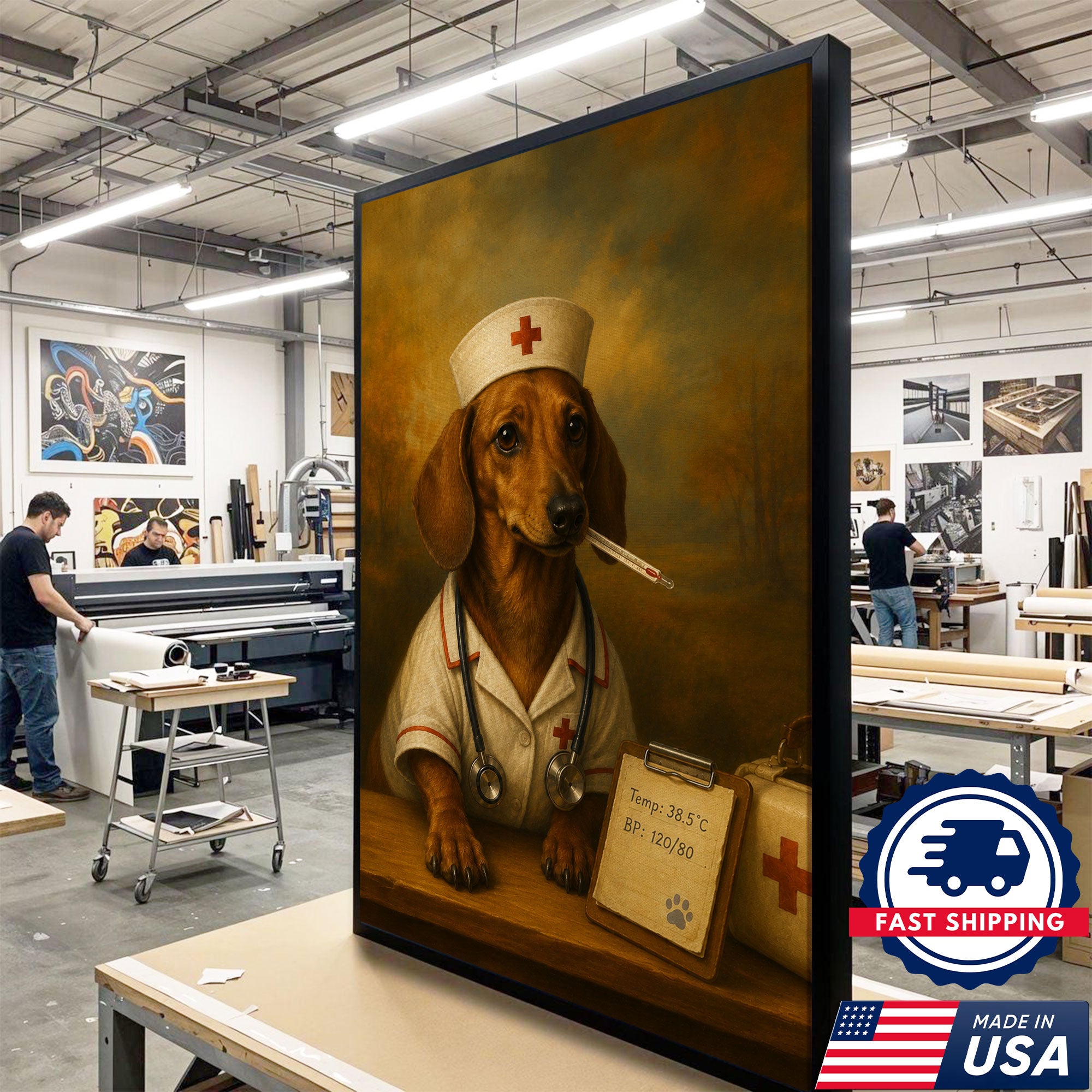 Vintage Nurse Dachshund Portrait Canvas Wall Art, Heartfelt Medical Dog Artwork