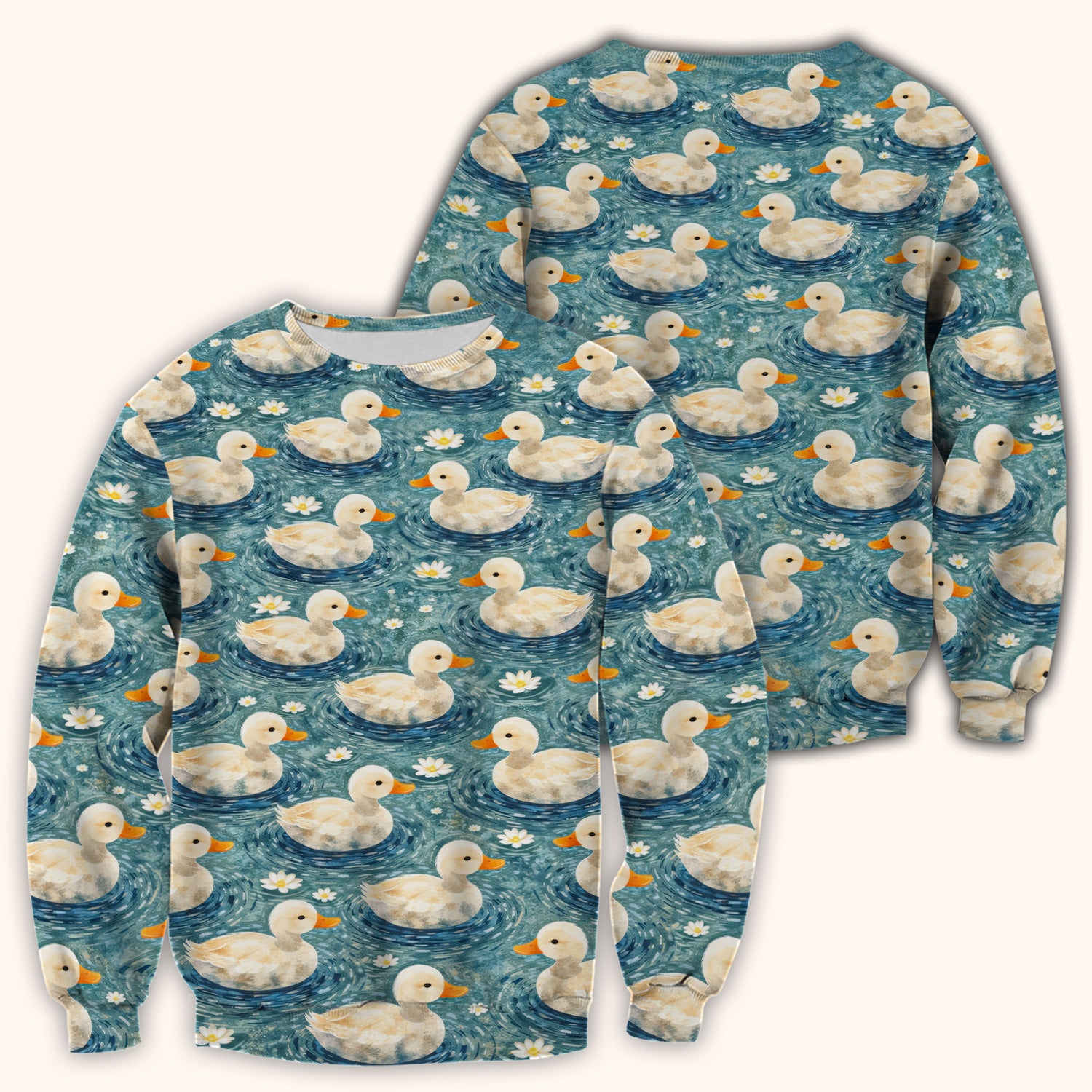 Charming Duck Pond Scrub Top, Peaceful Waterfowl Print Nursing Uniform, Breathable Medical Scrubs