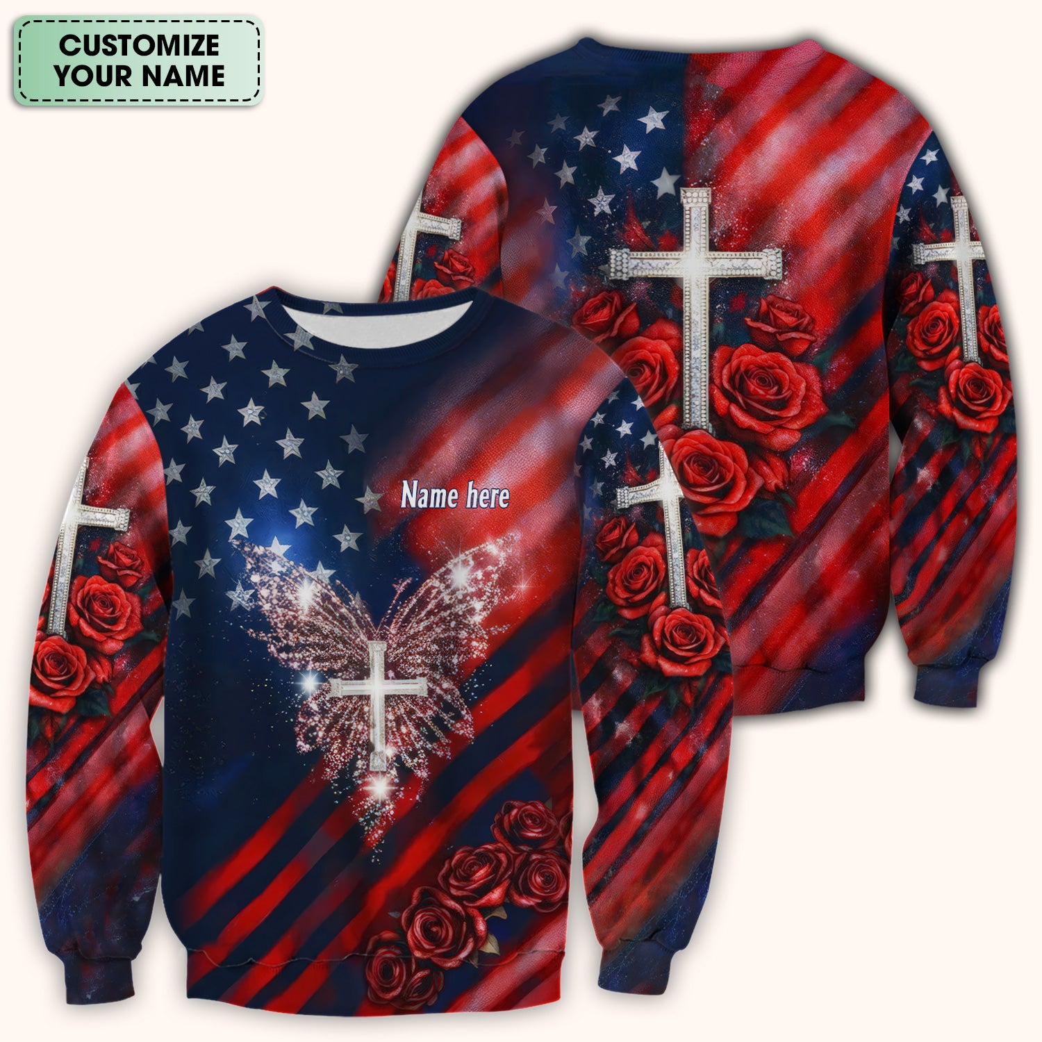 Custom Name Patriotic Cross Butterfly Rose Print Scrub Top, Comfortable Scrubs for Nurses