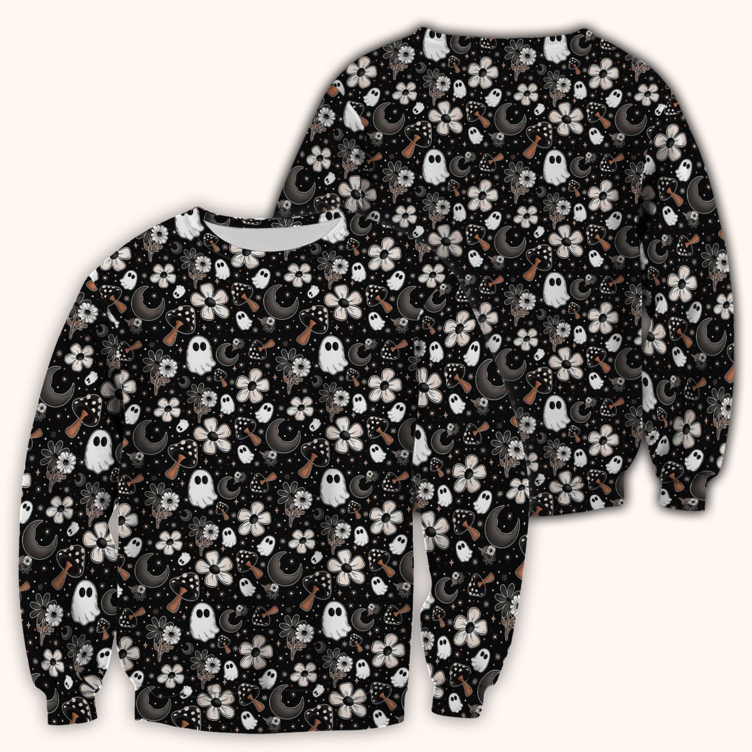 Floral Mushroom Ghost Pattern Scrub Top, Comfortable Scrubs for Nurses