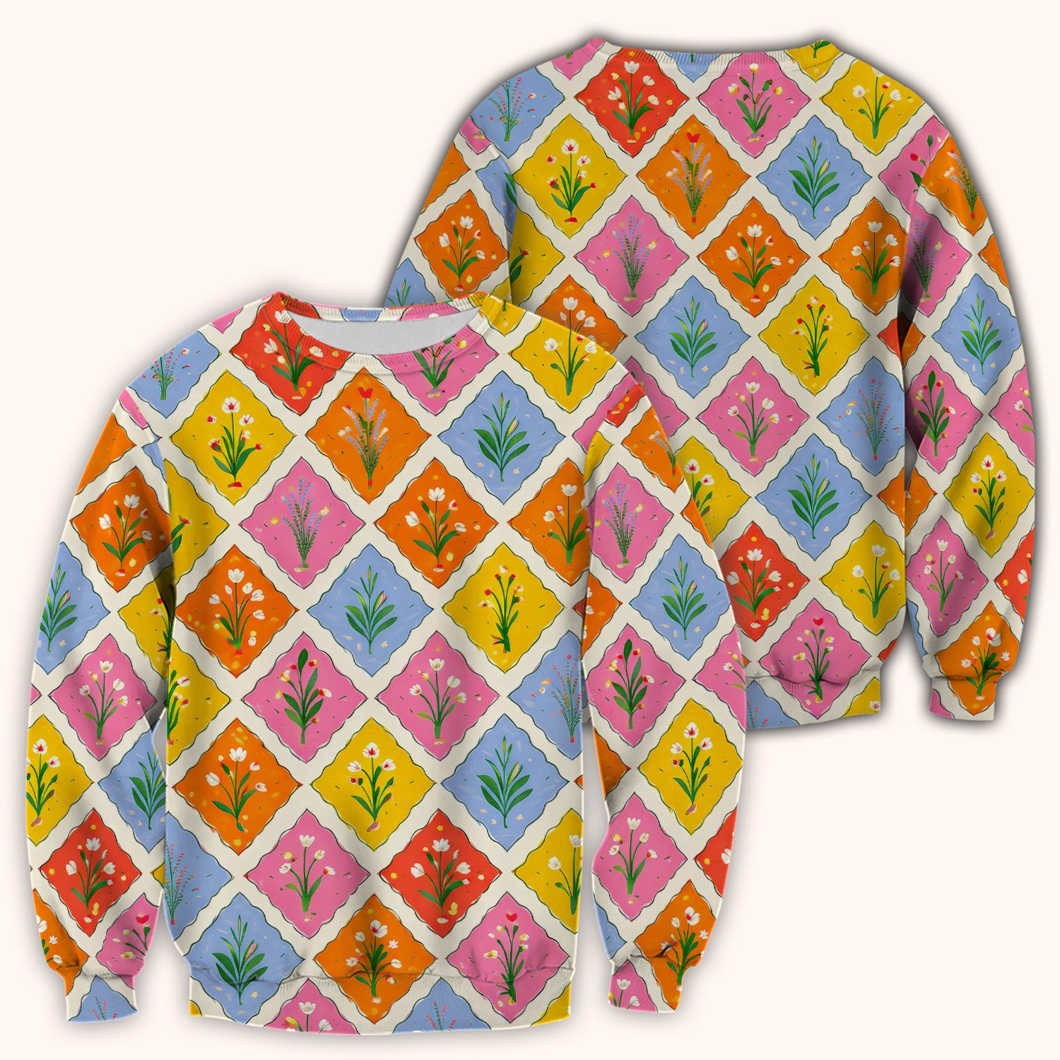 Cute Colorful Floral Tile Pattern Scrub Top, Breathable Fabrics Nursing Uniform