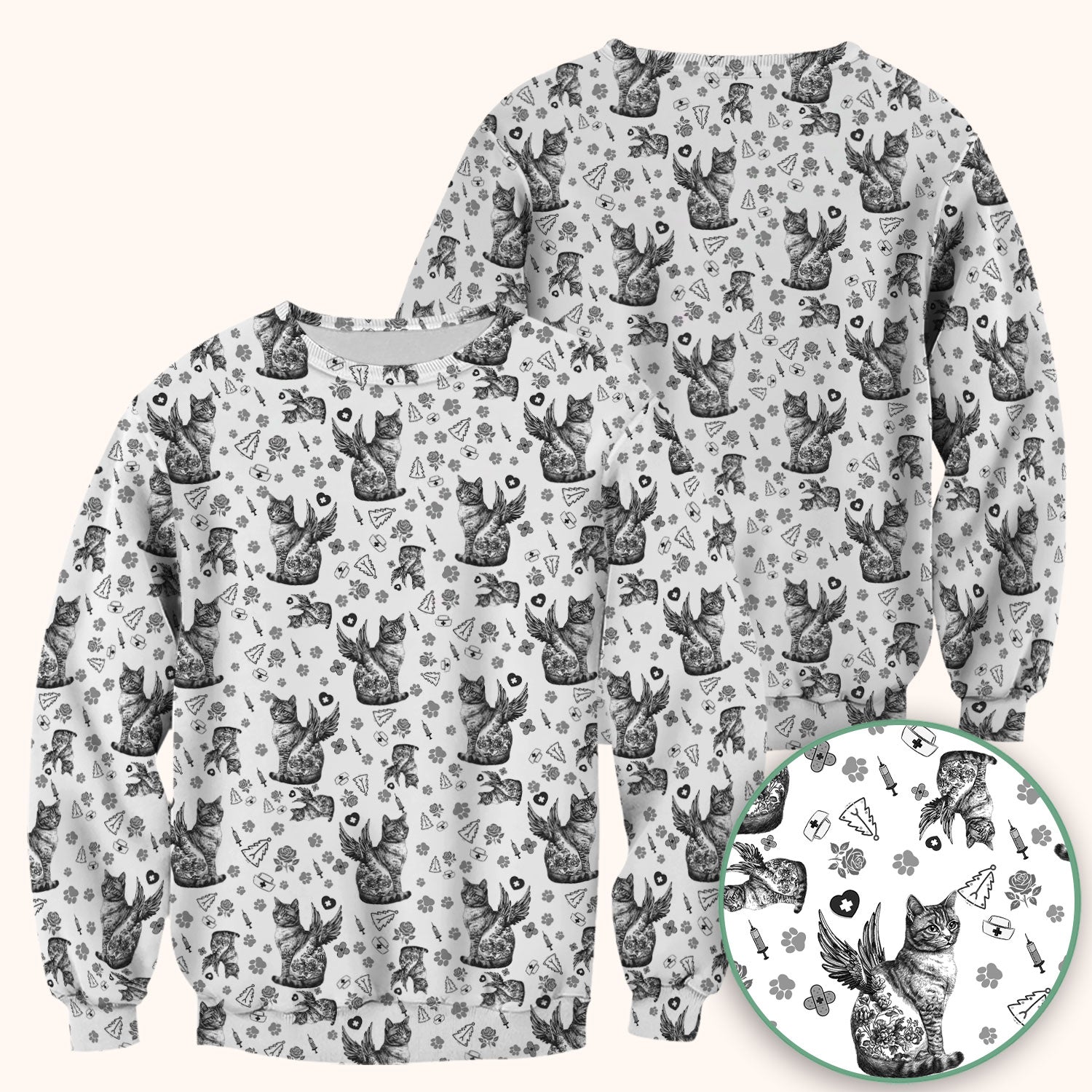 Toile de Jouy Cat Angel Scrub Top - Blue Vintage Nurse Shirt - French Style Medical Uniform for Women RN LPN CNA Gift
