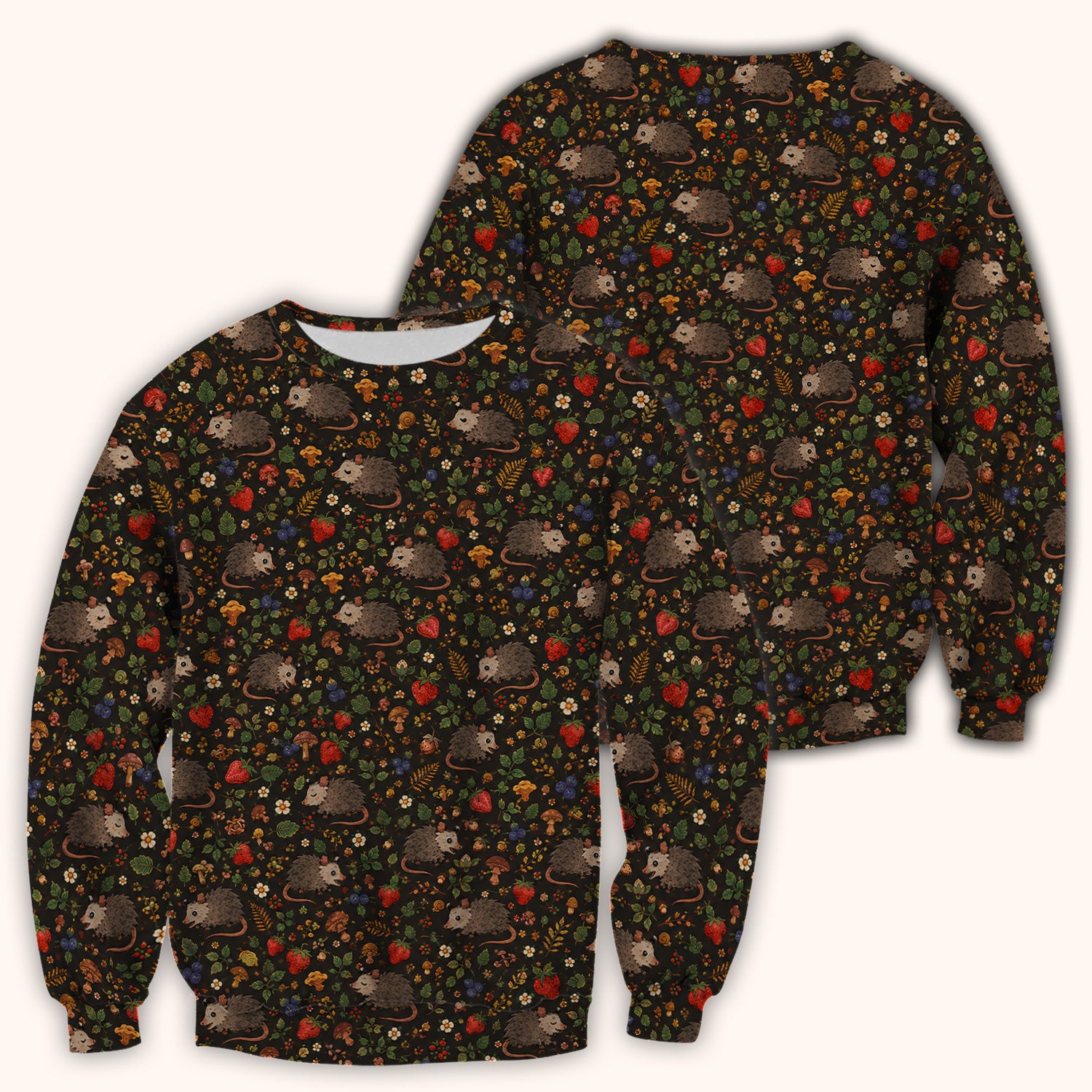 Woodland Opossum Berry Mushroom Pattern Scrub Top, Comfortable Scrubs for Nurses
