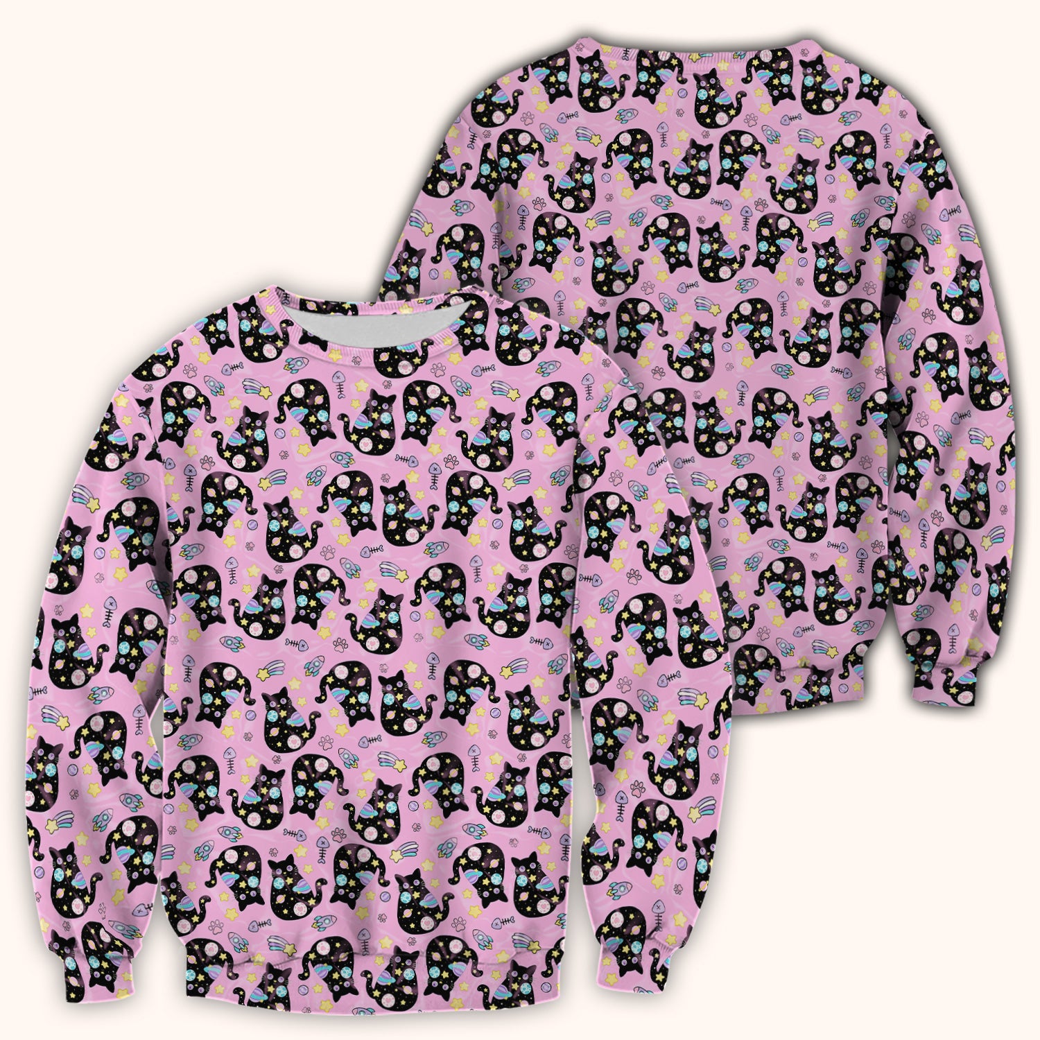 Galaxy Black Cat Space Pattern Scrub Top, Breathable Fabrics Nursing Uniform