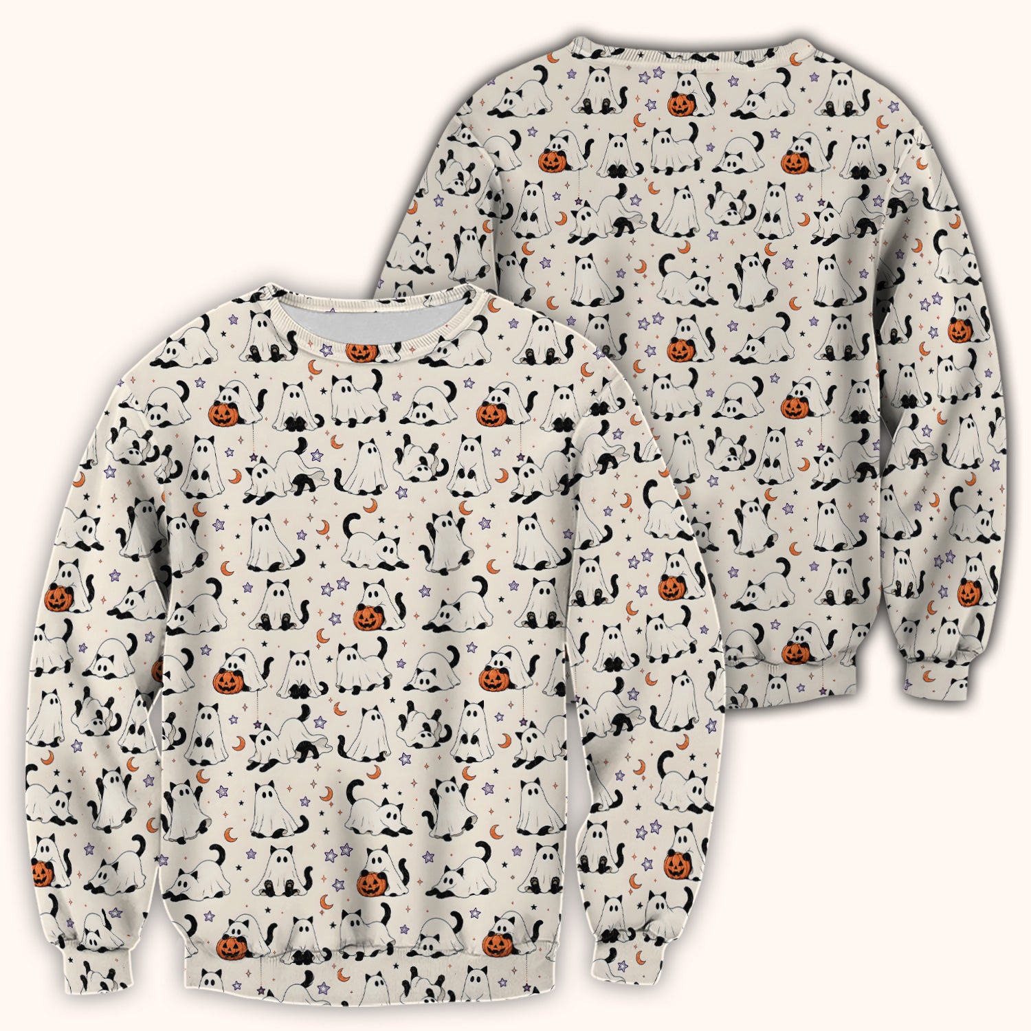 Halloween Ghost Cats And Pumpkins Scrub Top, Comfortable Scrubs for Nurses