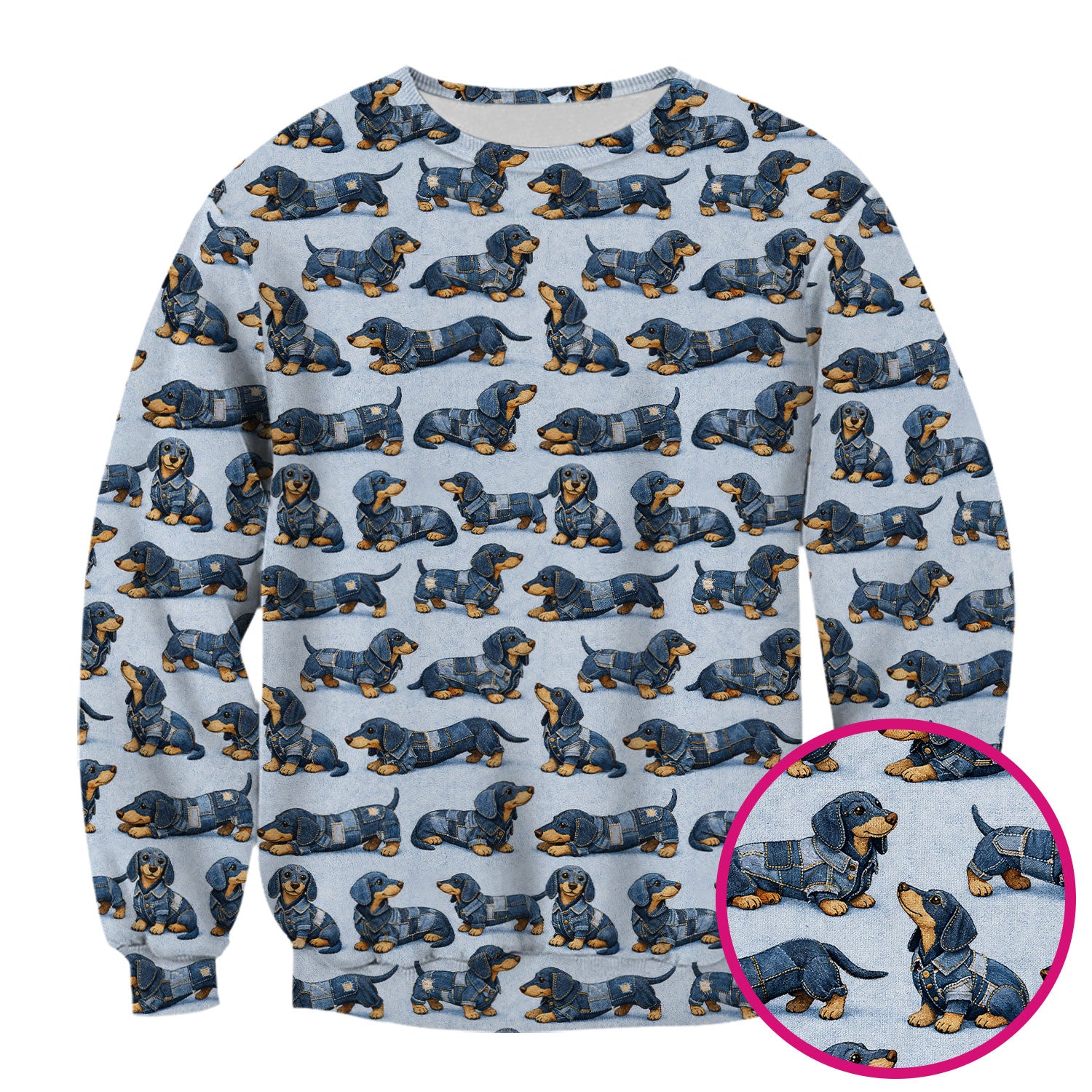 Denim Dachshund Dog Pattern Scrub Top, Breathable Fabrics Nursing Uniform