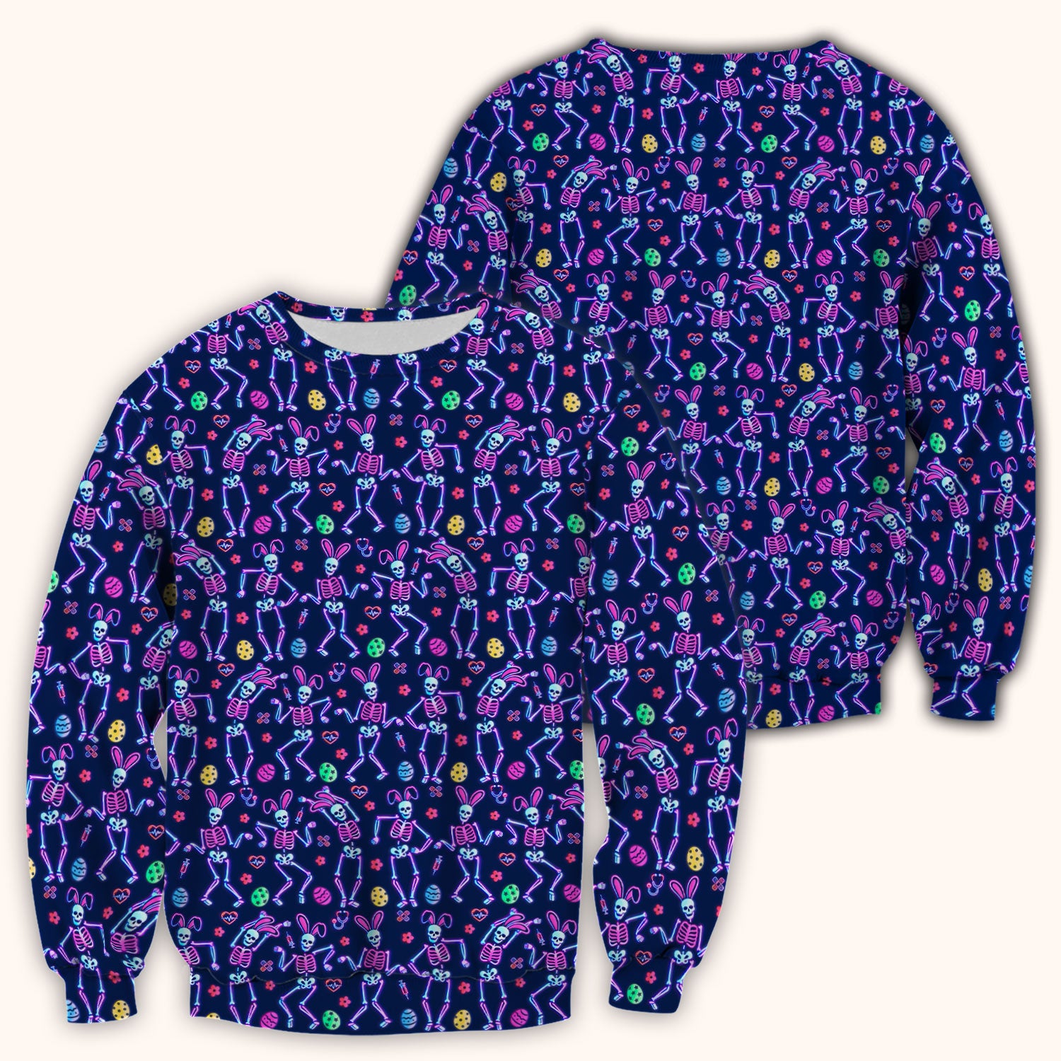 Neon Easter Skeleton Pattern Scrub Top, Comfortable Scrubs for Nurses