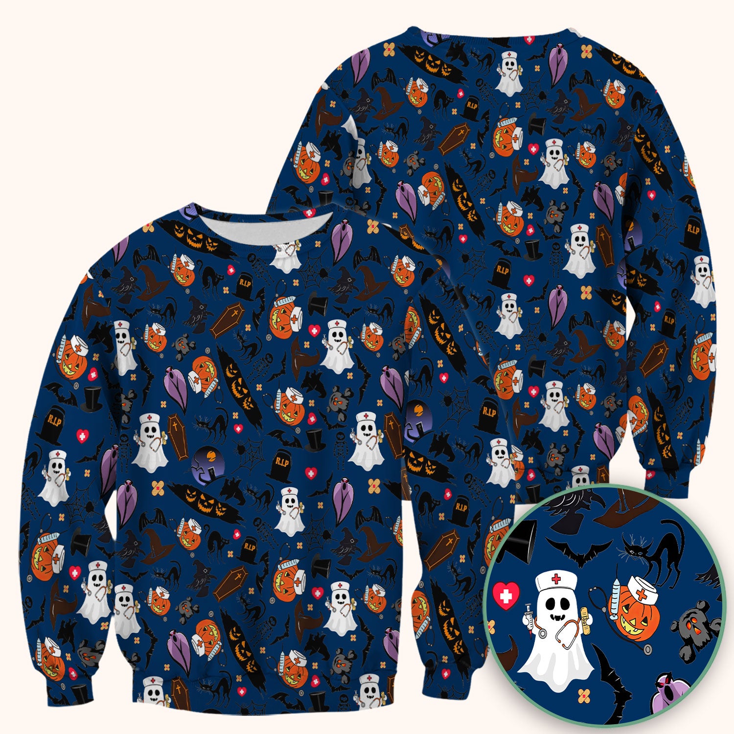 Spooky Halloween Scrub Top - Pumpkin Ghost Bat Nurse Shirt - Wicked Witch Medical Uniform for Women RN CNA LPN