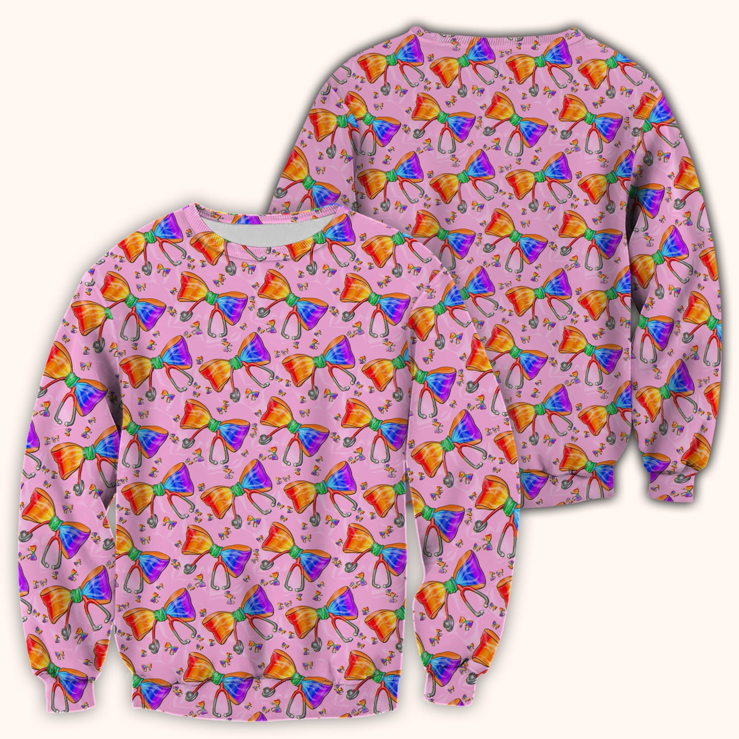 Colorful Rainbow Bow Stethoscope Pattern Scrub Top, Breathable Fabrics Nursing Uniform
