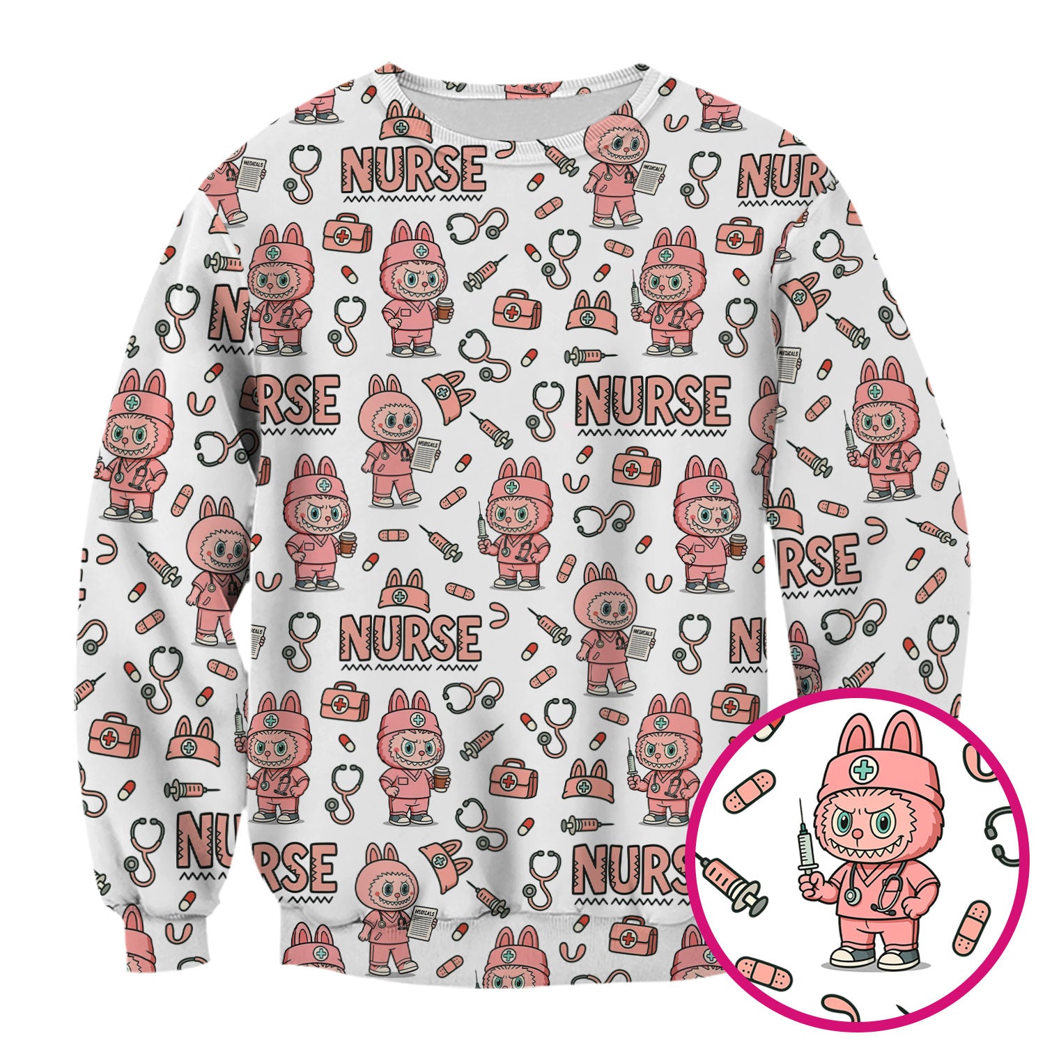 Bunny Cartoon Nurse Scrub Shirt  Cute Medical Top for Women CNA RN Doctor - Fun Scrubs Gift Idea for Nurses, Students, Holiday Season