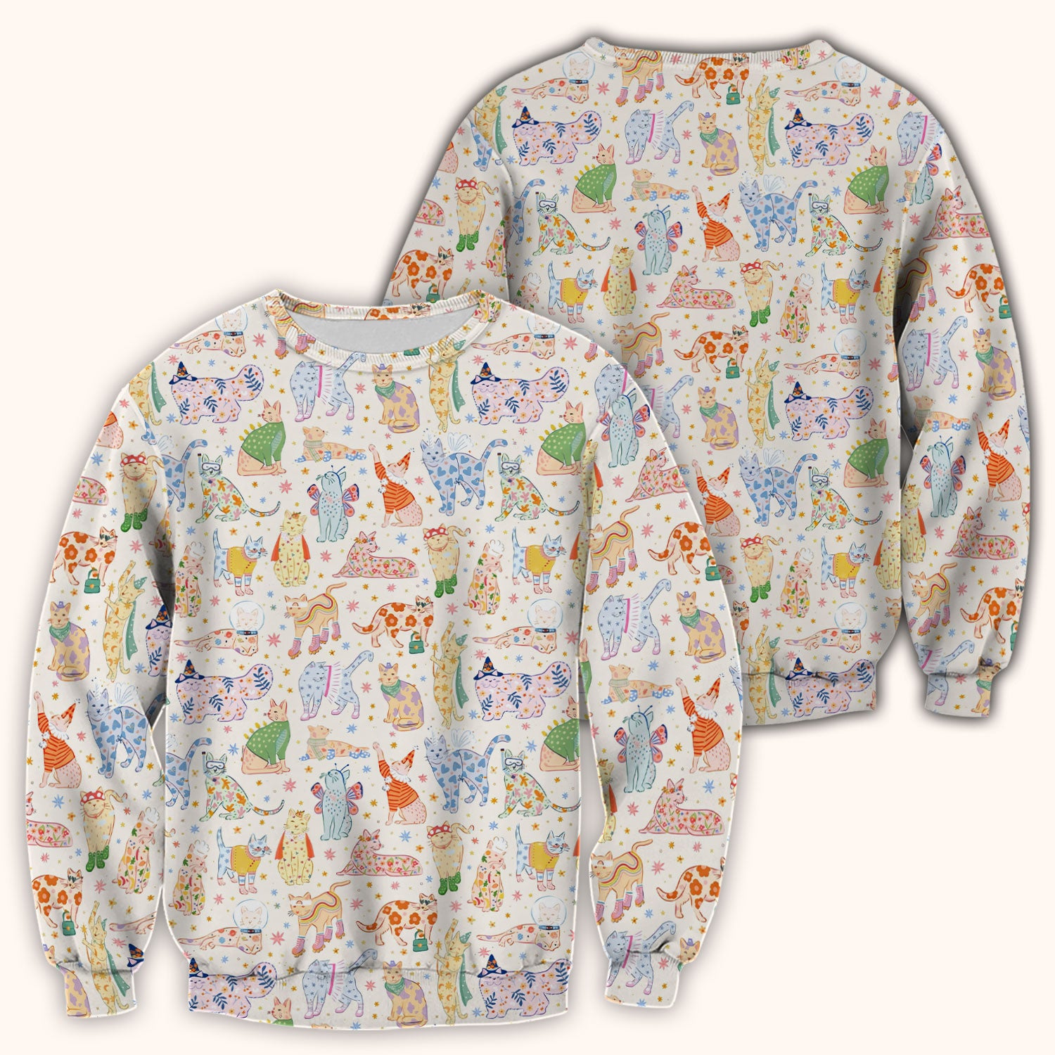 Colorful Pastel Cartoon Cats Print Scrub Top, Breathable Fabrics Nursing Uniform