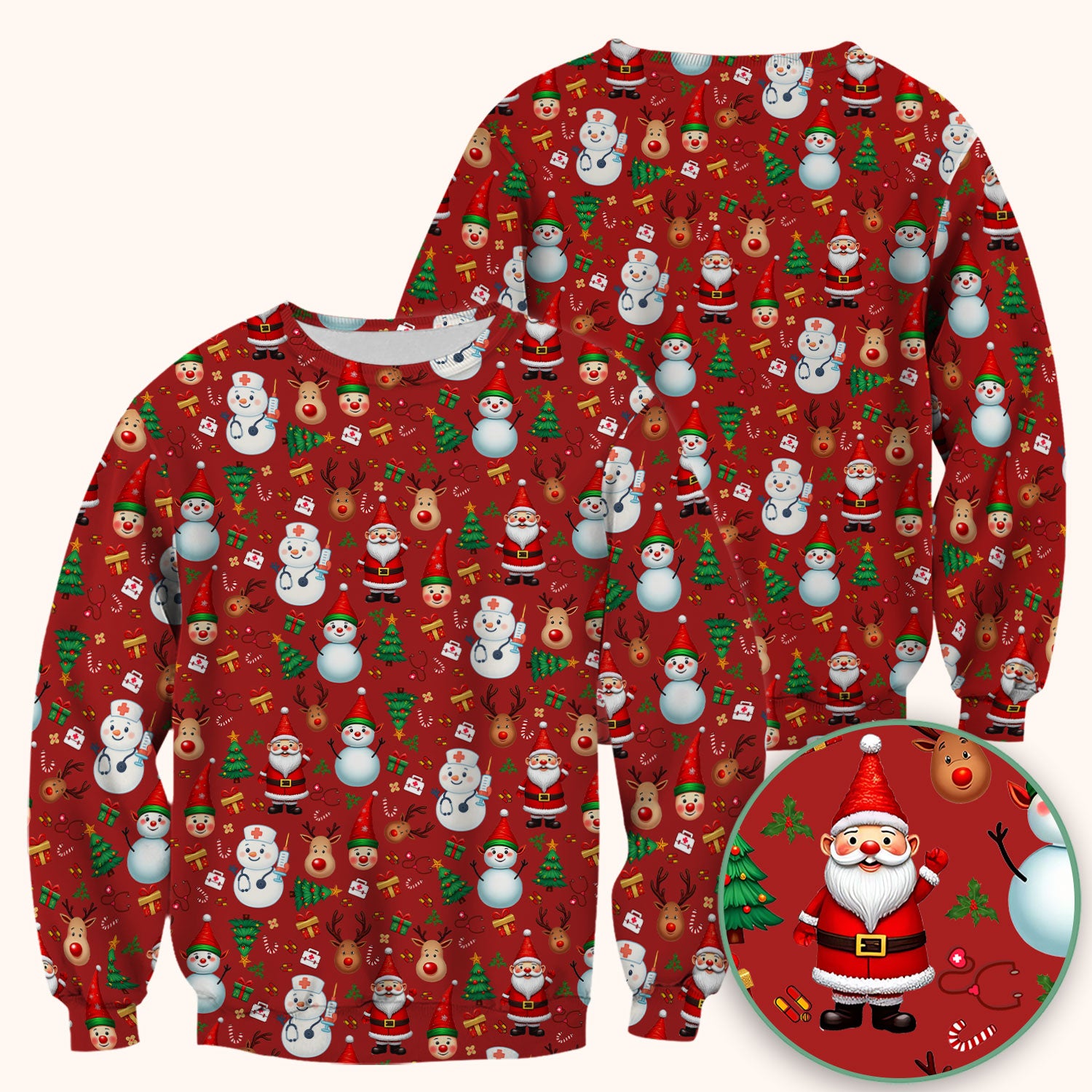 Christmas Scrub Top for Nurses - Cute Snowman Reindeer Santa Pattern - Holiday Medical Uniform RN CNA LPN Gift