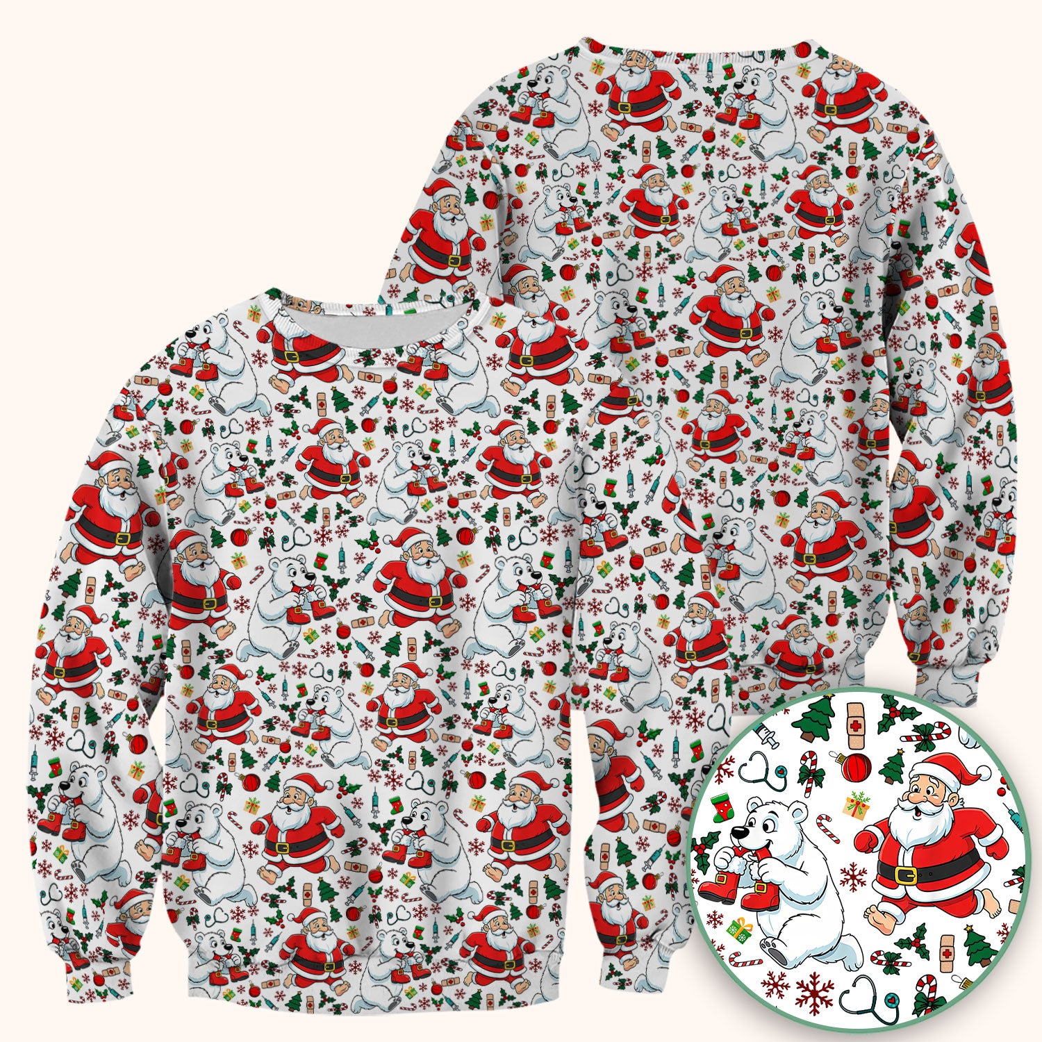 Christmas Santa & Polar Bear Scrub Top - Funny Holiday Nurse Shirt for Women - Cute Winter Medical Uniform