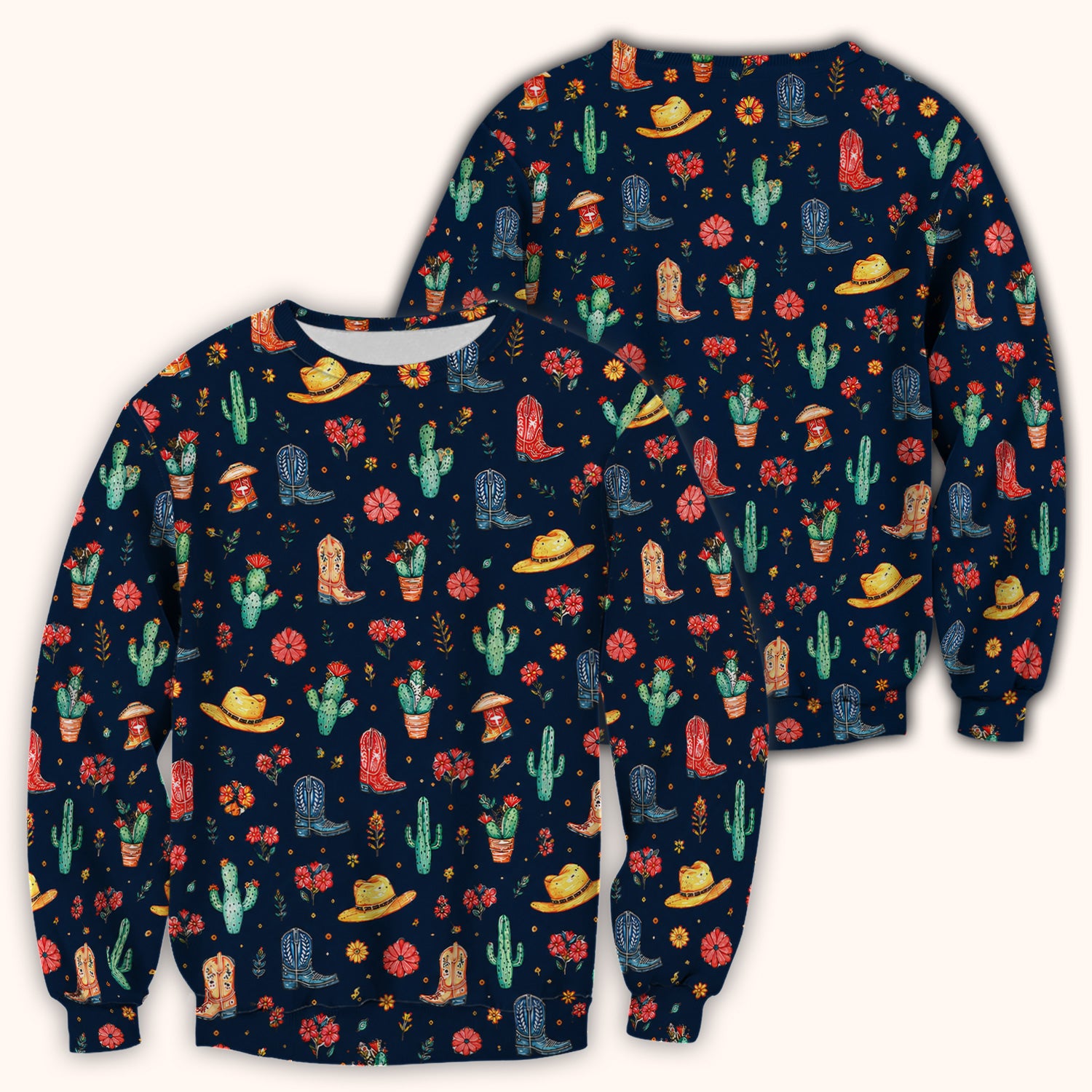 Whimsical Western Cactus Boots Pattern Scrub Top, Breathable Fabrics Nursing Uniform