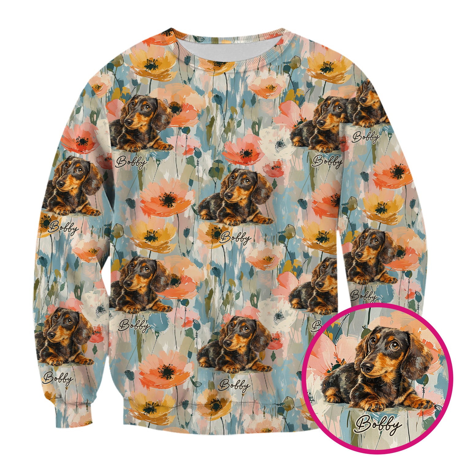 Personalized Dachshund Floral Portrait Pattern Scrub Top, Comfortable Scrubs for Nurses