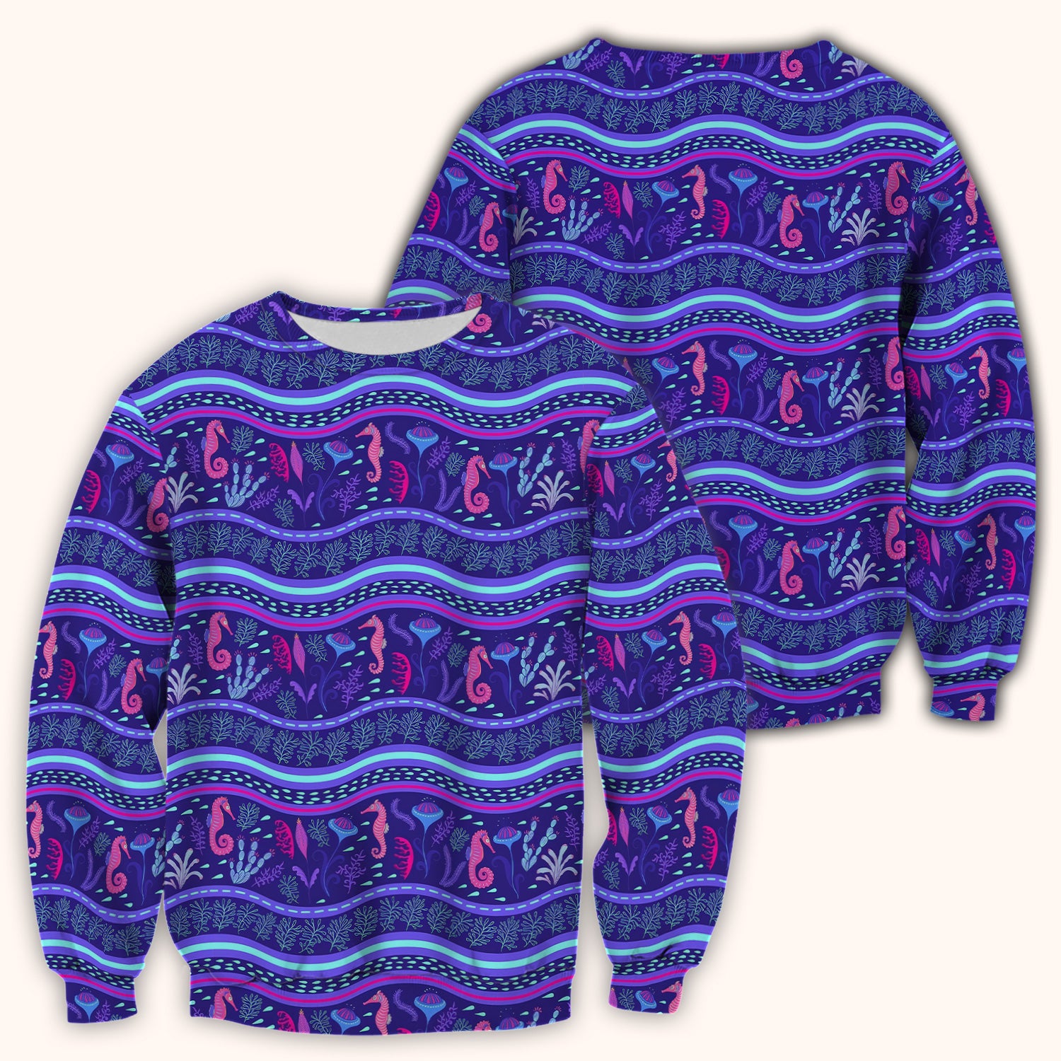 Purple Seahorse Ocean Pattern Scrub Top, Comfortable Scrubs for Nurses