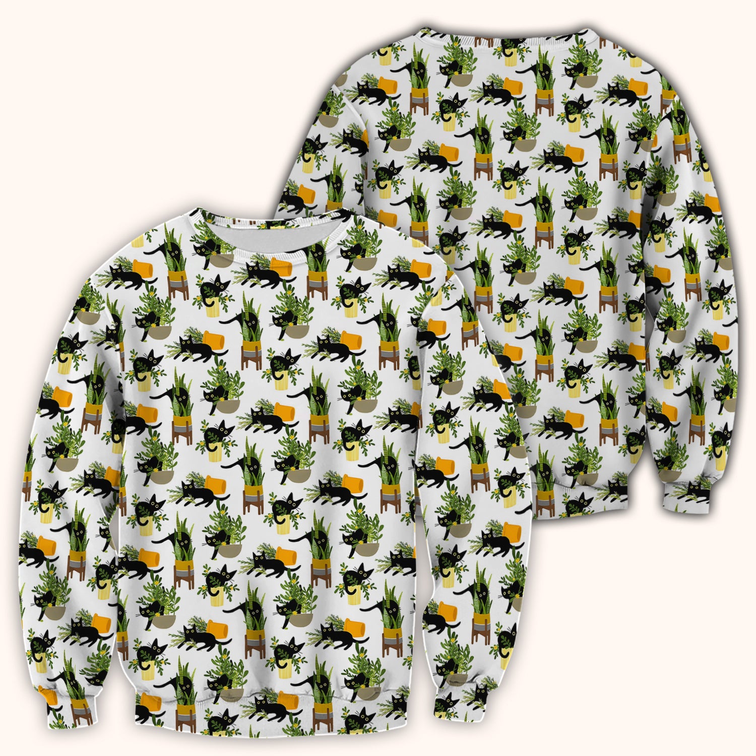 Black Cat Plant Pots Pattern Scrub Top, Comfortable Scrubs for Nurses