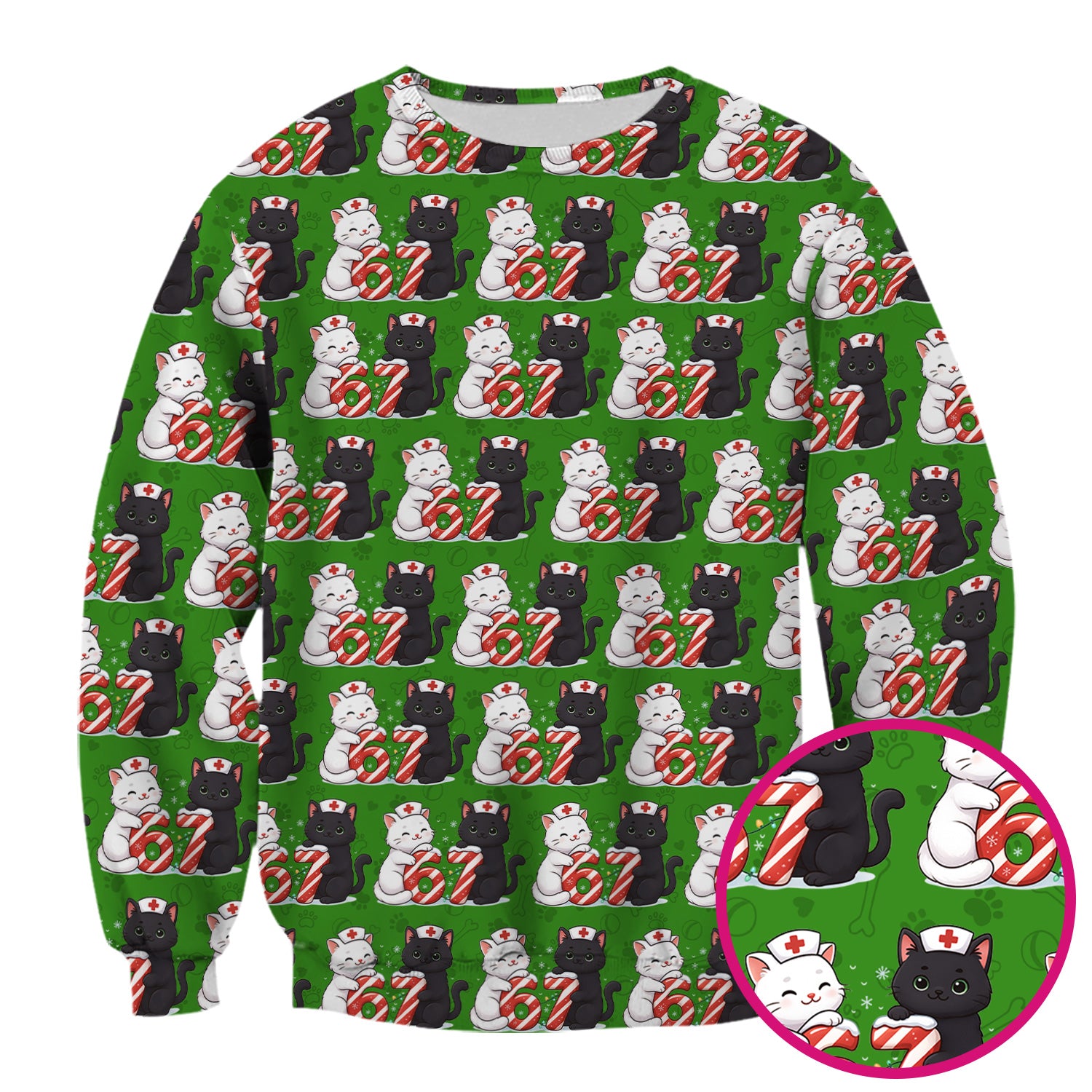 Xmas Cat Pattern Scrub Top, Christmas Nurse Six Seven With Cat Scrub Shirt, Breathable Fabrics Nursing Uniform