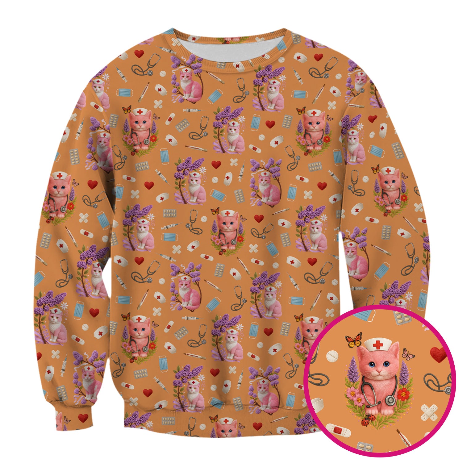 Pink Cat Nurse Scrub Top - Cute Medical Pattern Scrubs for Women - Funny Kitty Print Shirt Gift for RN LPN CNA Healthcare Workers