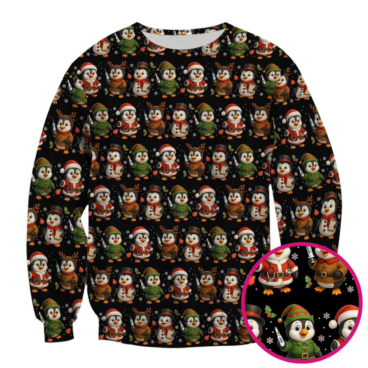 Christmas Scrubs for Women - Cute Penguin Pattern Scrub Top for Nurses - Holiday Penguin Christmas Scrubs Gift Idea