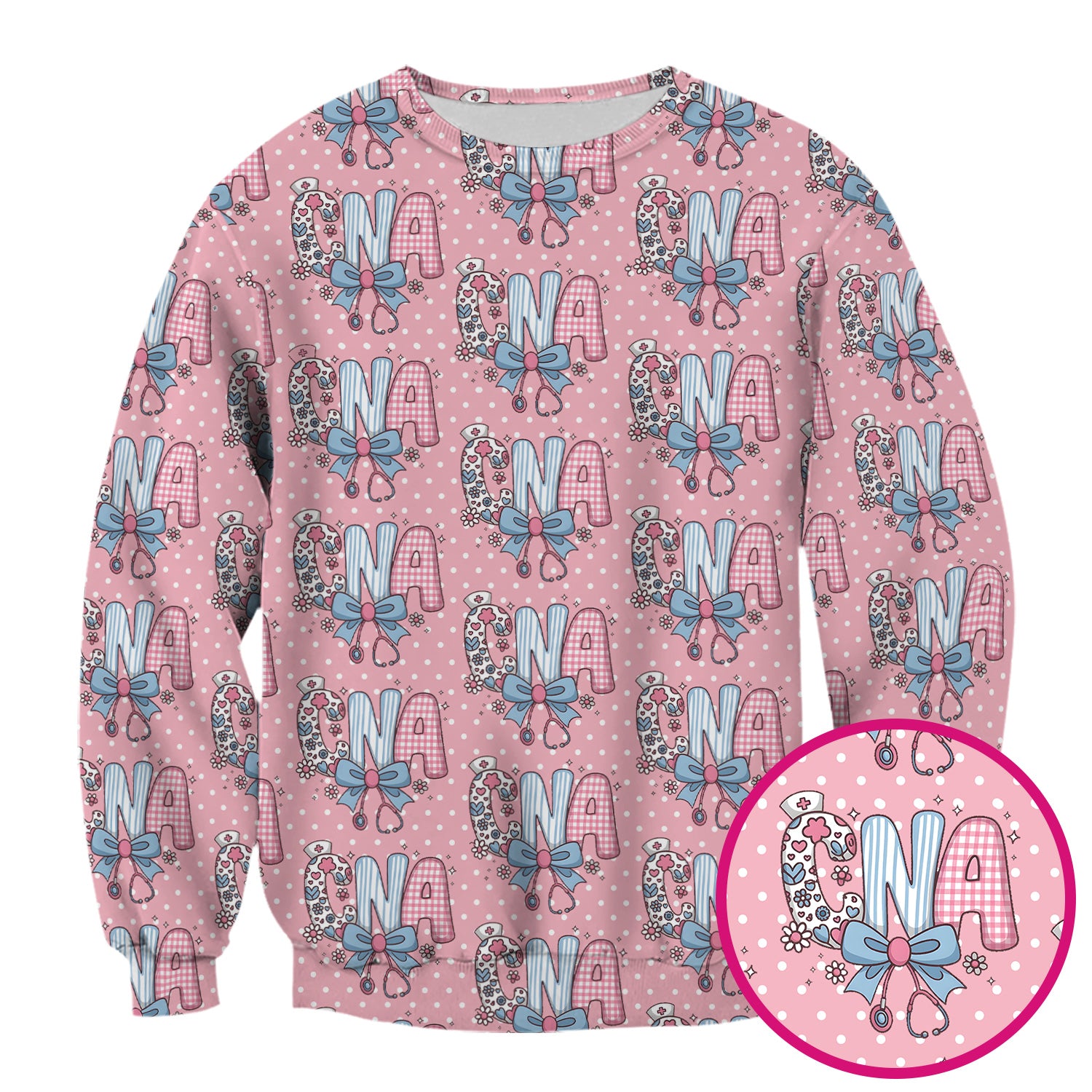 Cute CNA Floral Bow Pattern Scrub Top, Breathable Fabrics Nursing Uniform