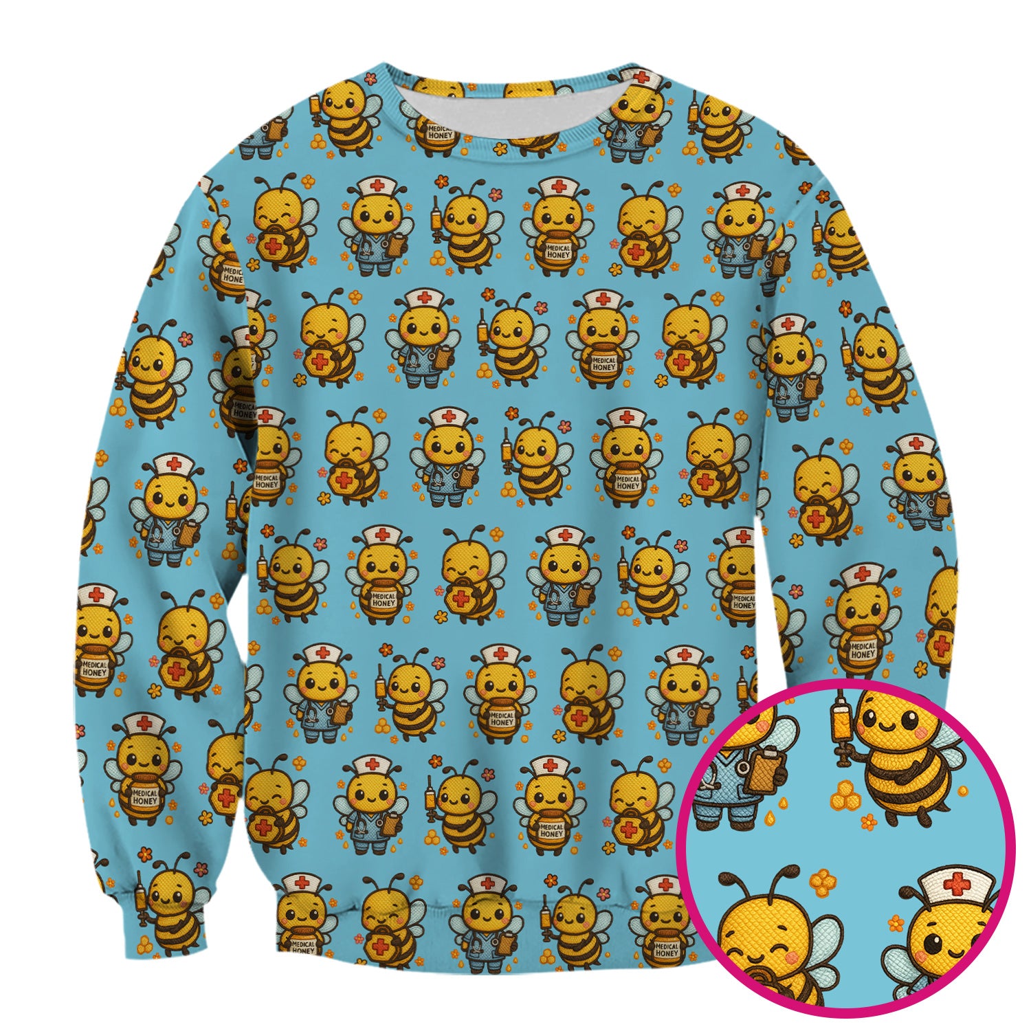 Cute Nurse Bee Scrub Top, Kawaii Medical Honey Bee Pattern Shirt for Nursing Professionals