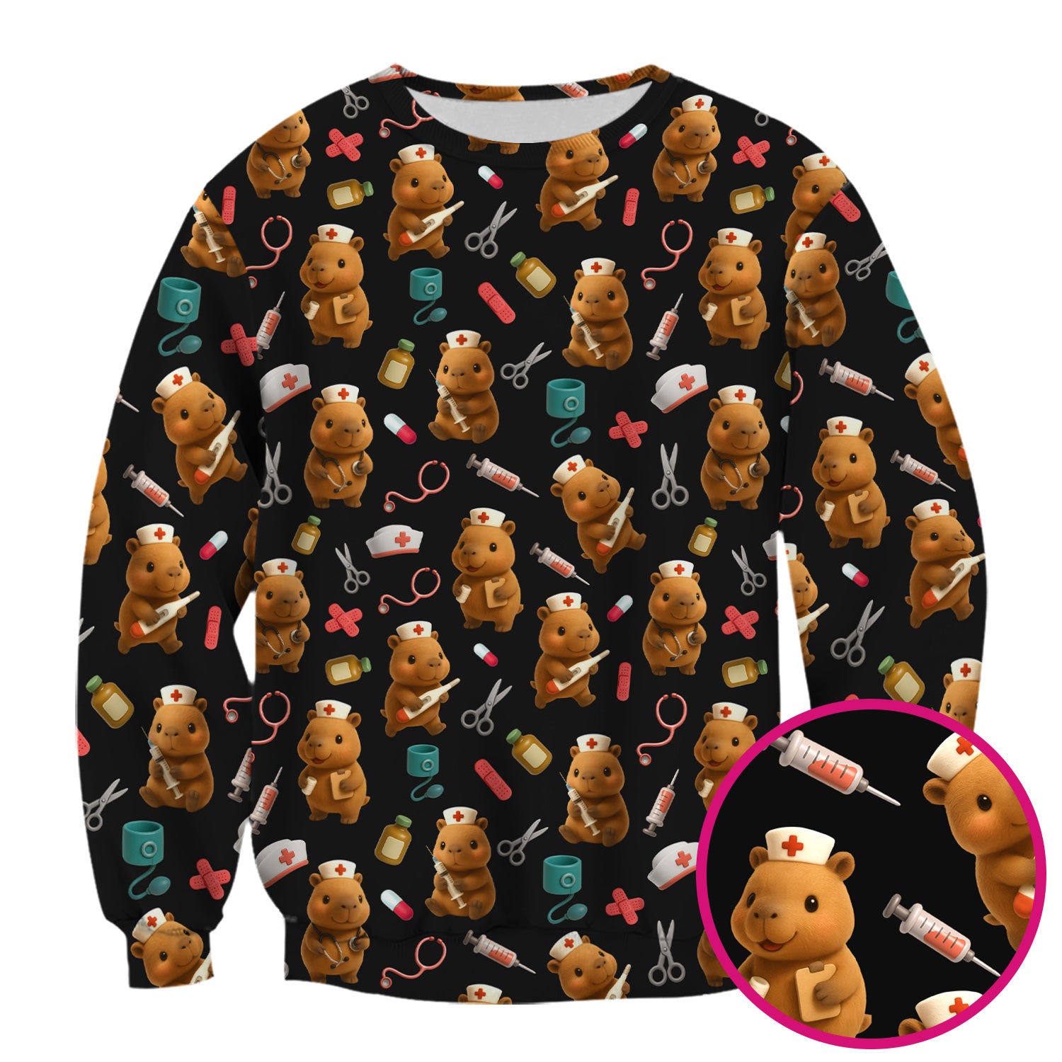 Funny Bear Scrub Top for Women - Nurse Hat and Syringe Pattern Medical Scrubs - Cute Teddy Nurse Shirt Gift for RN CNA LPN