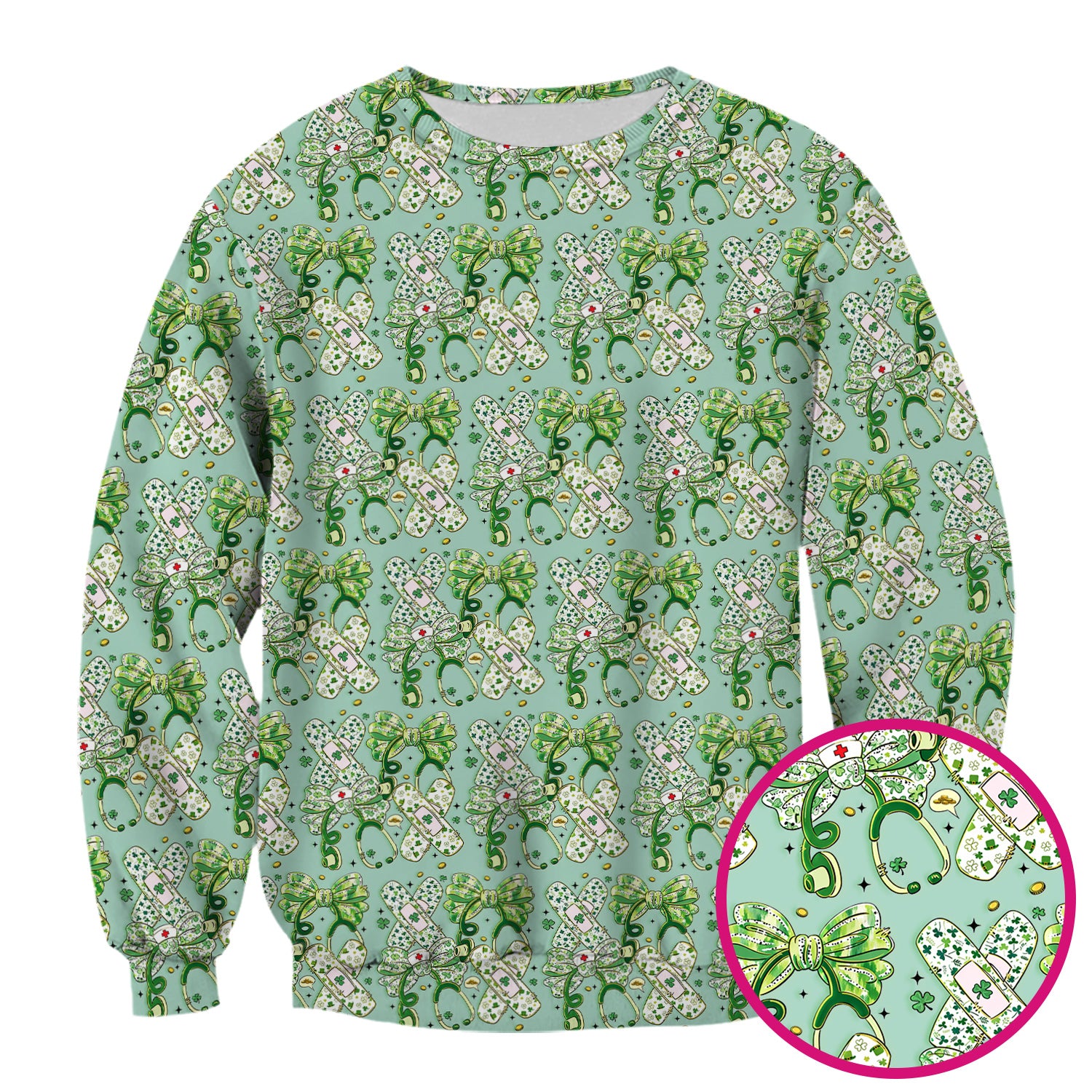 St Patrick Shamrock Stethoscope Bow Print Scrub Top, Breathable Fabrics Nursing Uniform