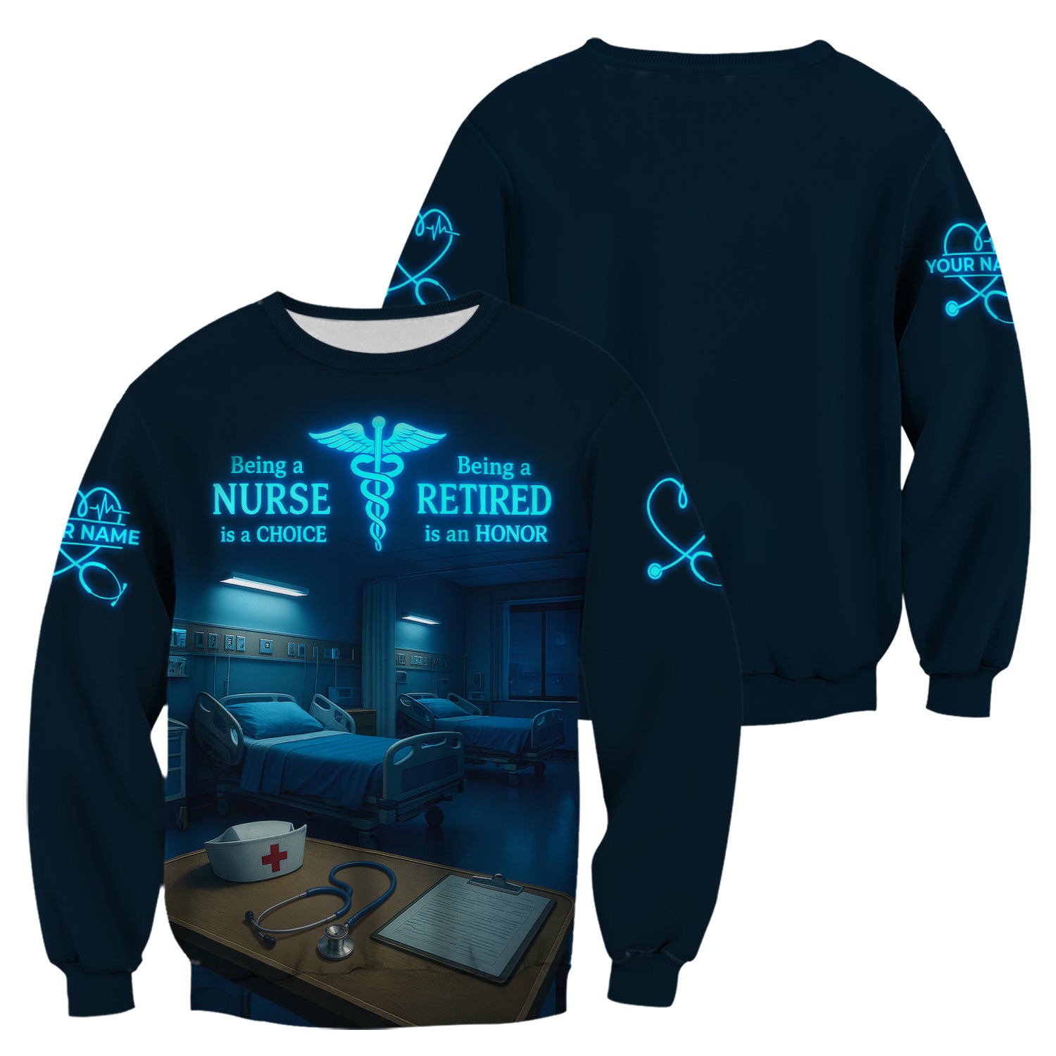 Personalized Nurse Scrub for Retired RN LPN CNA - Neon Glow Hospital Room Design - Thoughtful Retirement Gift for Medical Staff