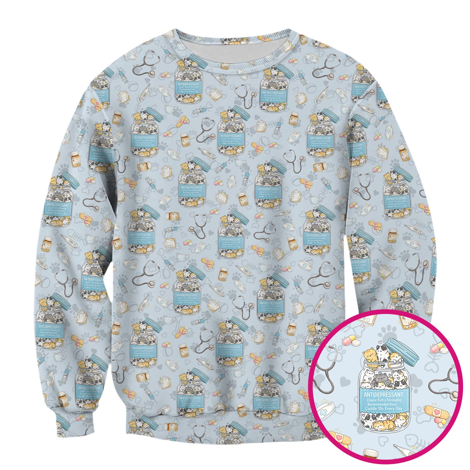 Cute Antidepressant Cat Jar Print Nurse Scrub Top, Breathable Fabrics Nursing Uniform