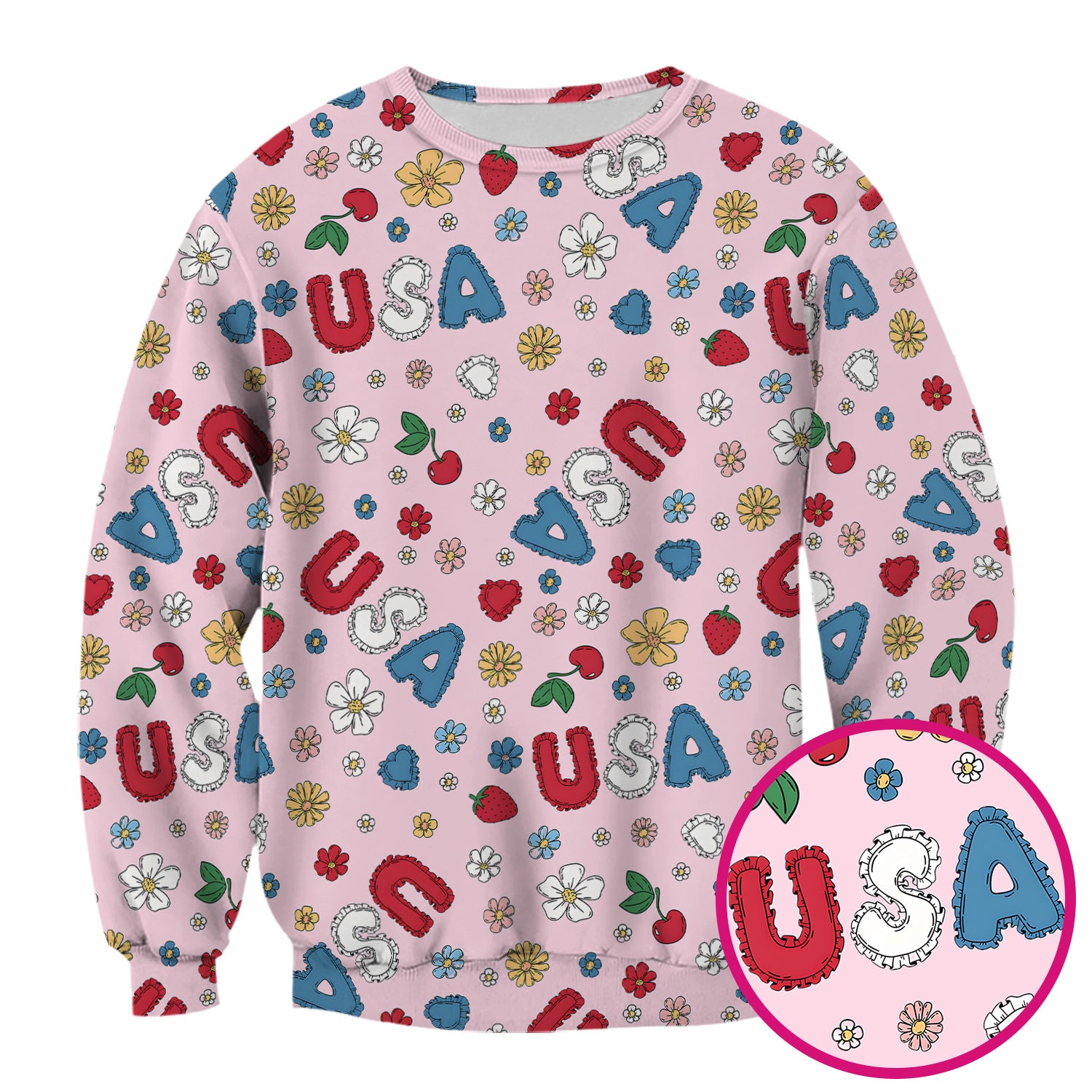USA Cherry Strawberry Floral Patch Pattern Scrub Top, Comfortable Scrubs for Nurses